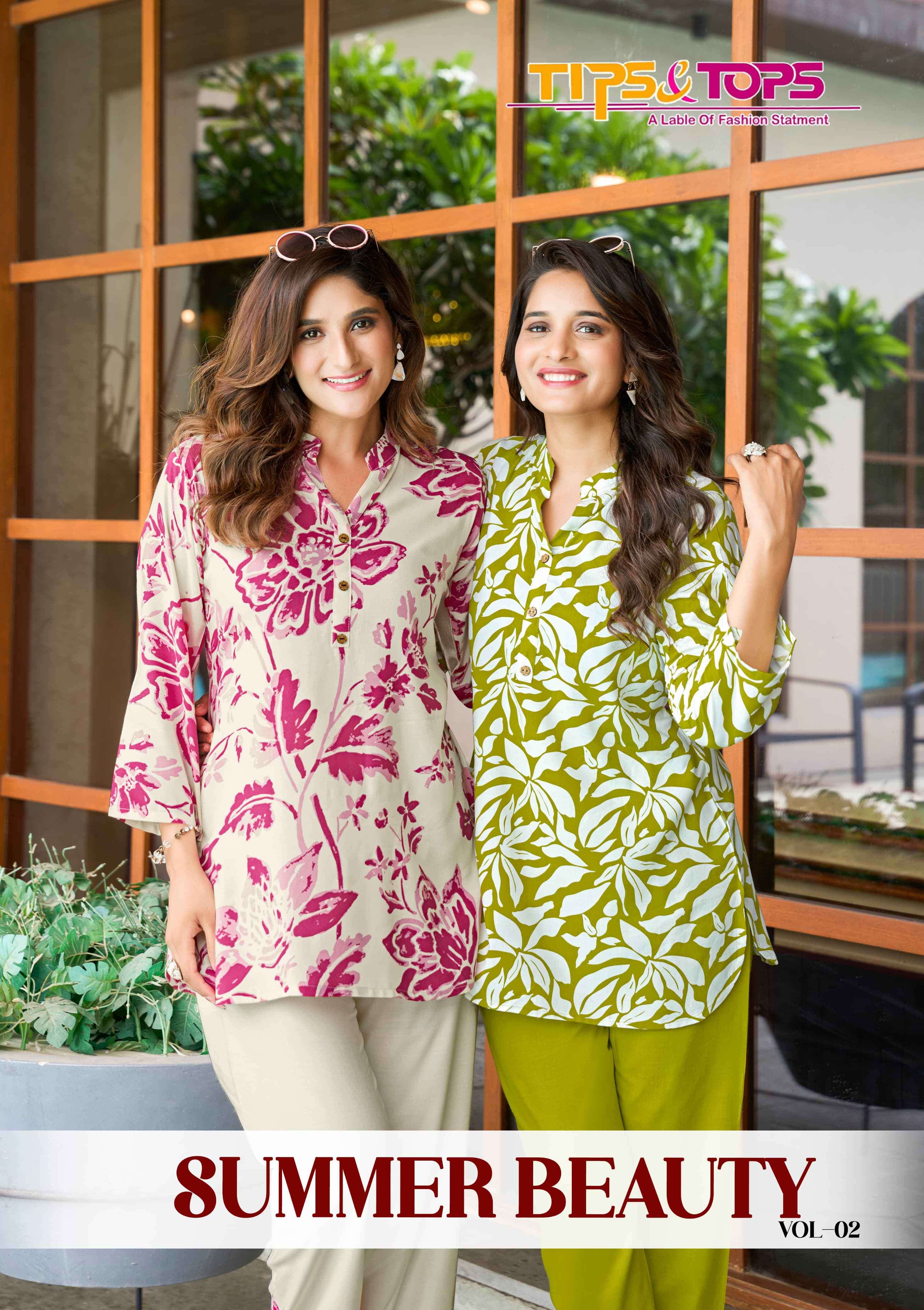 summer beauty vol-2 by tips&tops 2001-2006 series summer wear rayon print cord set supplier surat