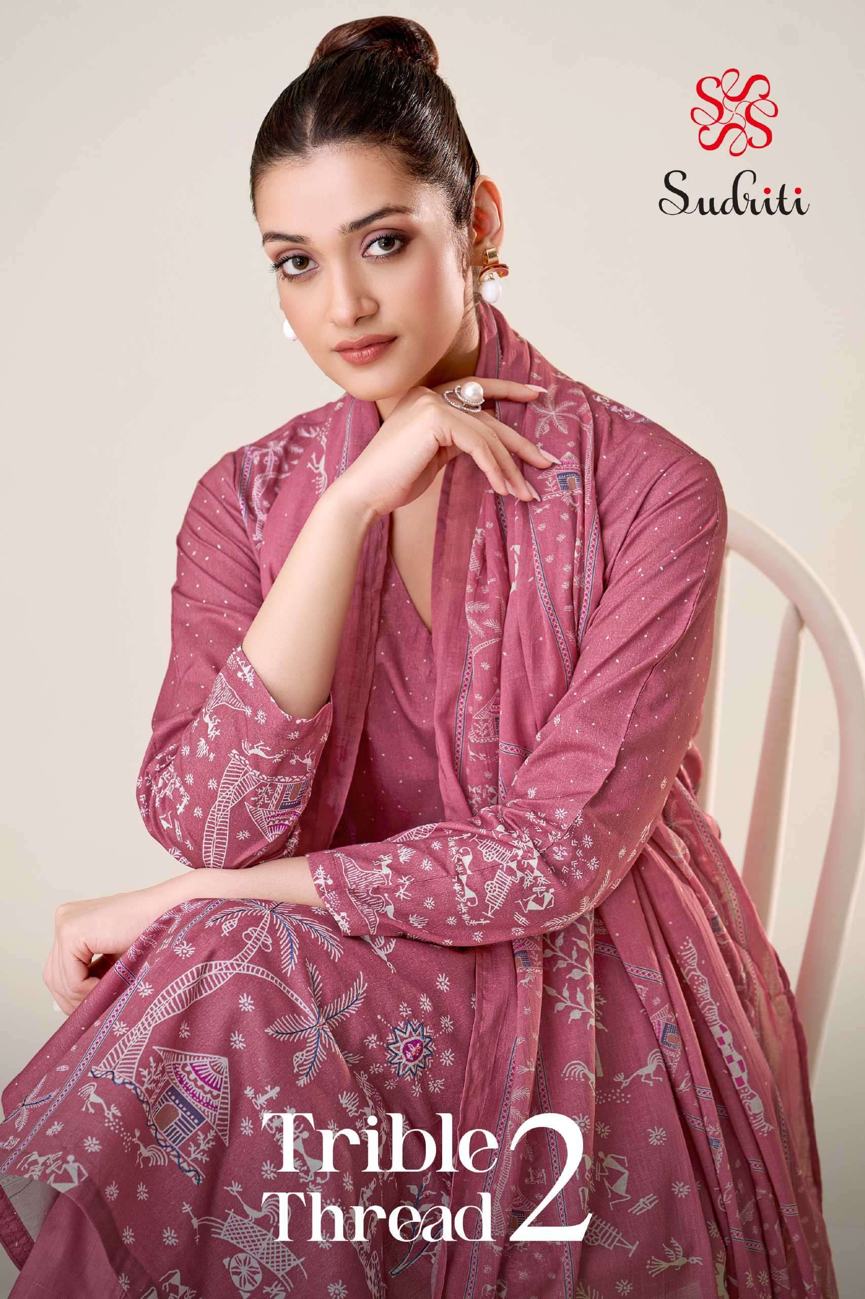 trible thread vol-3 by sudriti fancy khatli work with digital printed cotton suit supplier 