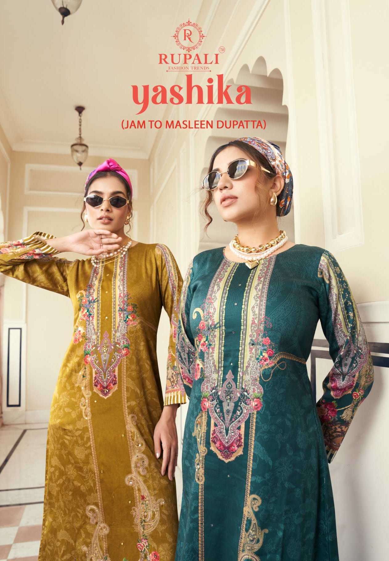 yashika by rupali fashion latest designer party wear unstitch jam satin suit collection surat