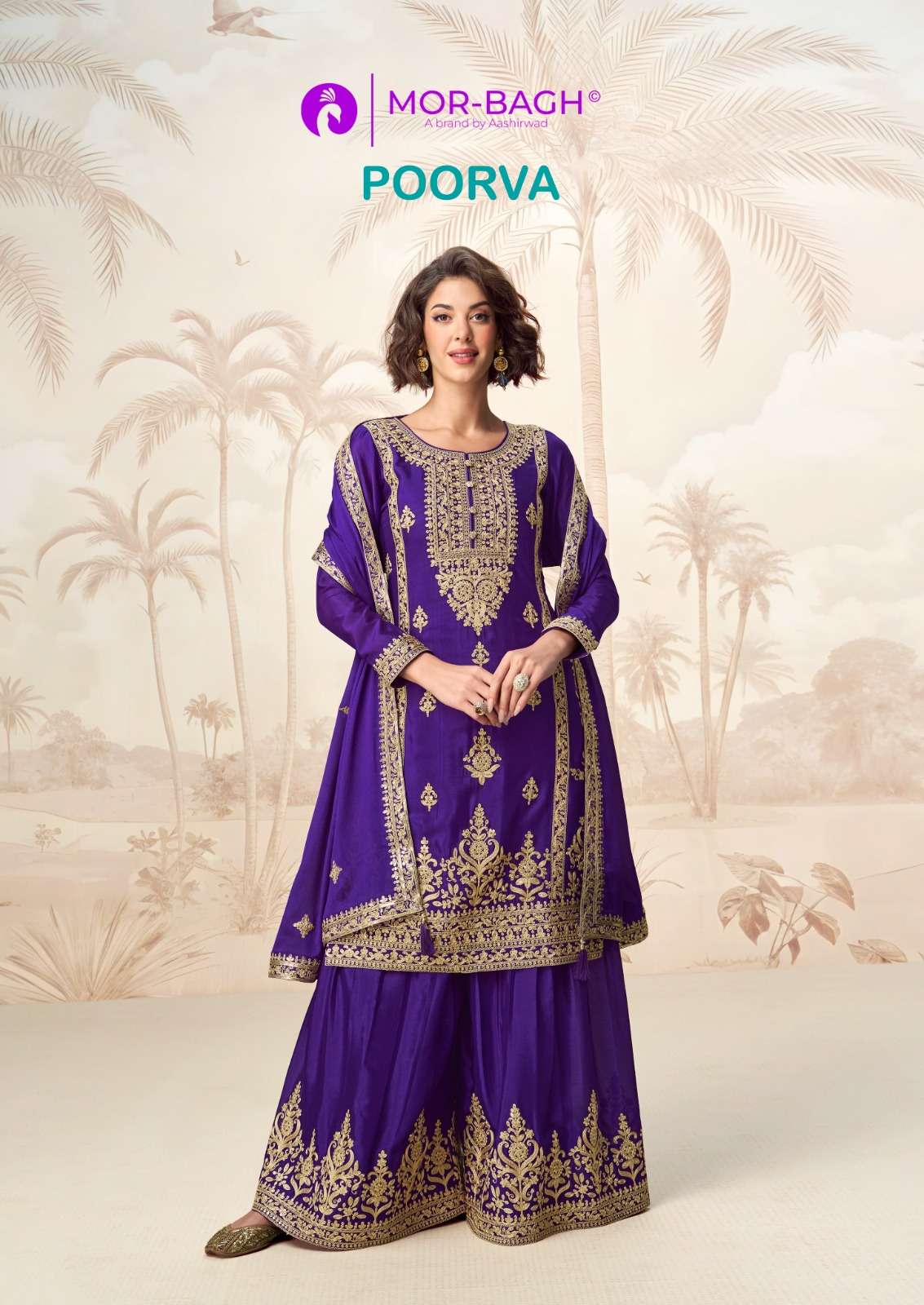 aashirwad creation poorva fancy embroidered chinon silk readymade plazo suit supplier 
