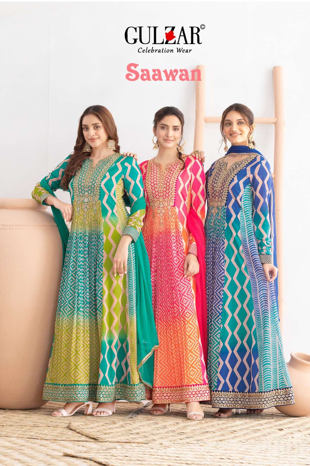 gulzar saawan chinon with fancy work anarakai style readymade collection surat