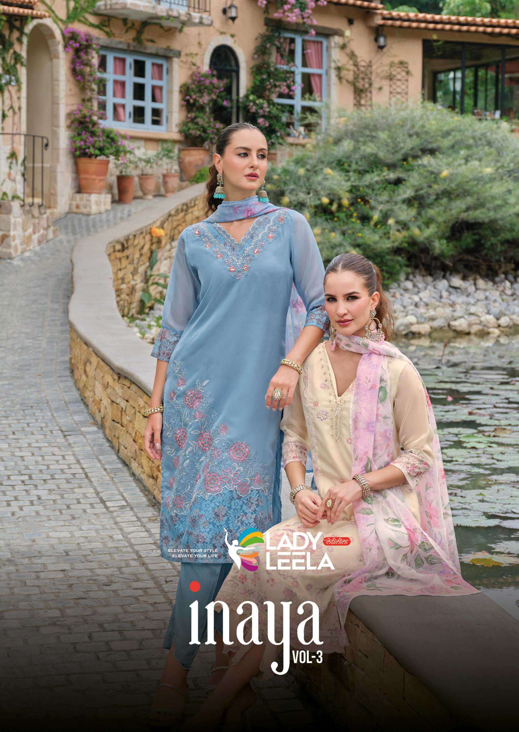 inaya vol-3 by lady leela organza embroidery with handwork designer readymade kurti supplier 