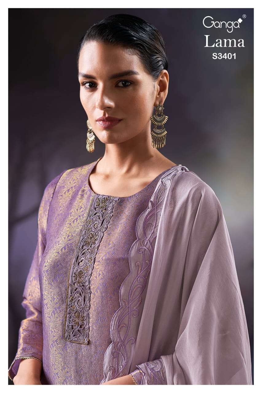 lama 3401 by ganga latest designer embroidery with handwork silk jacquard suit supplier 