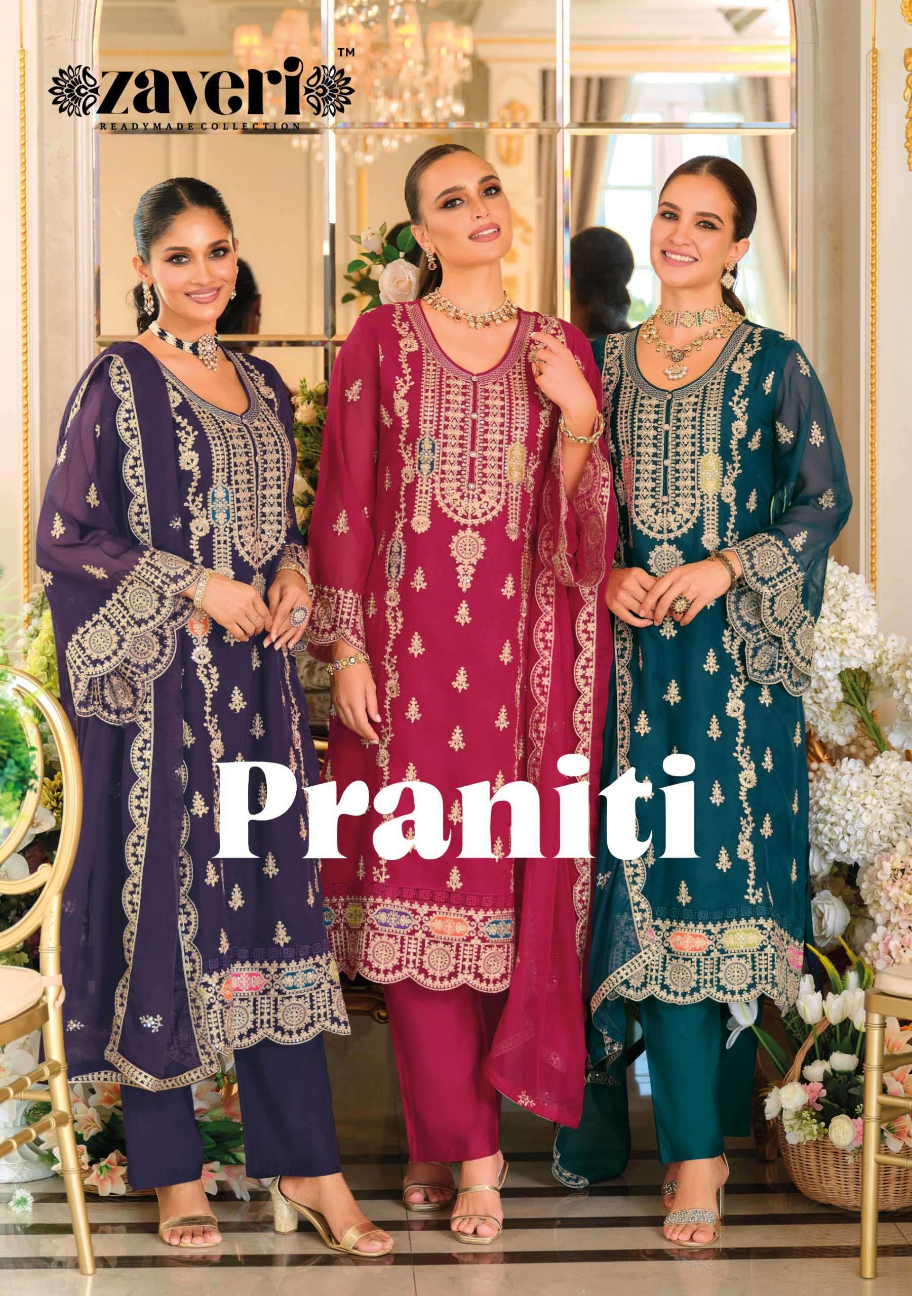 praniti by zaveri fancy embroidered party wear organza suit exporter surat