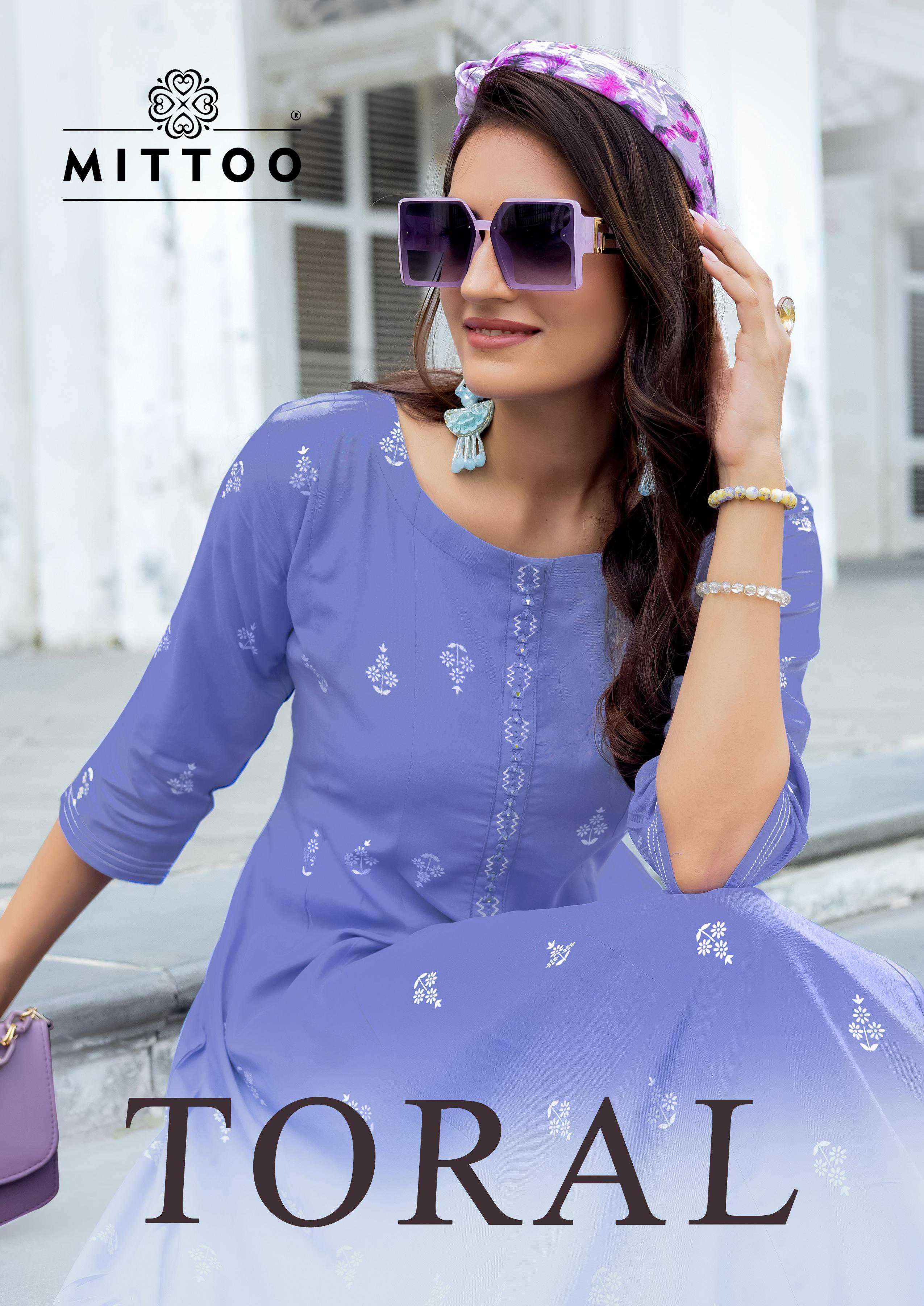 toral by mittoo rayon print with handwork fancy kurti wholesaler 