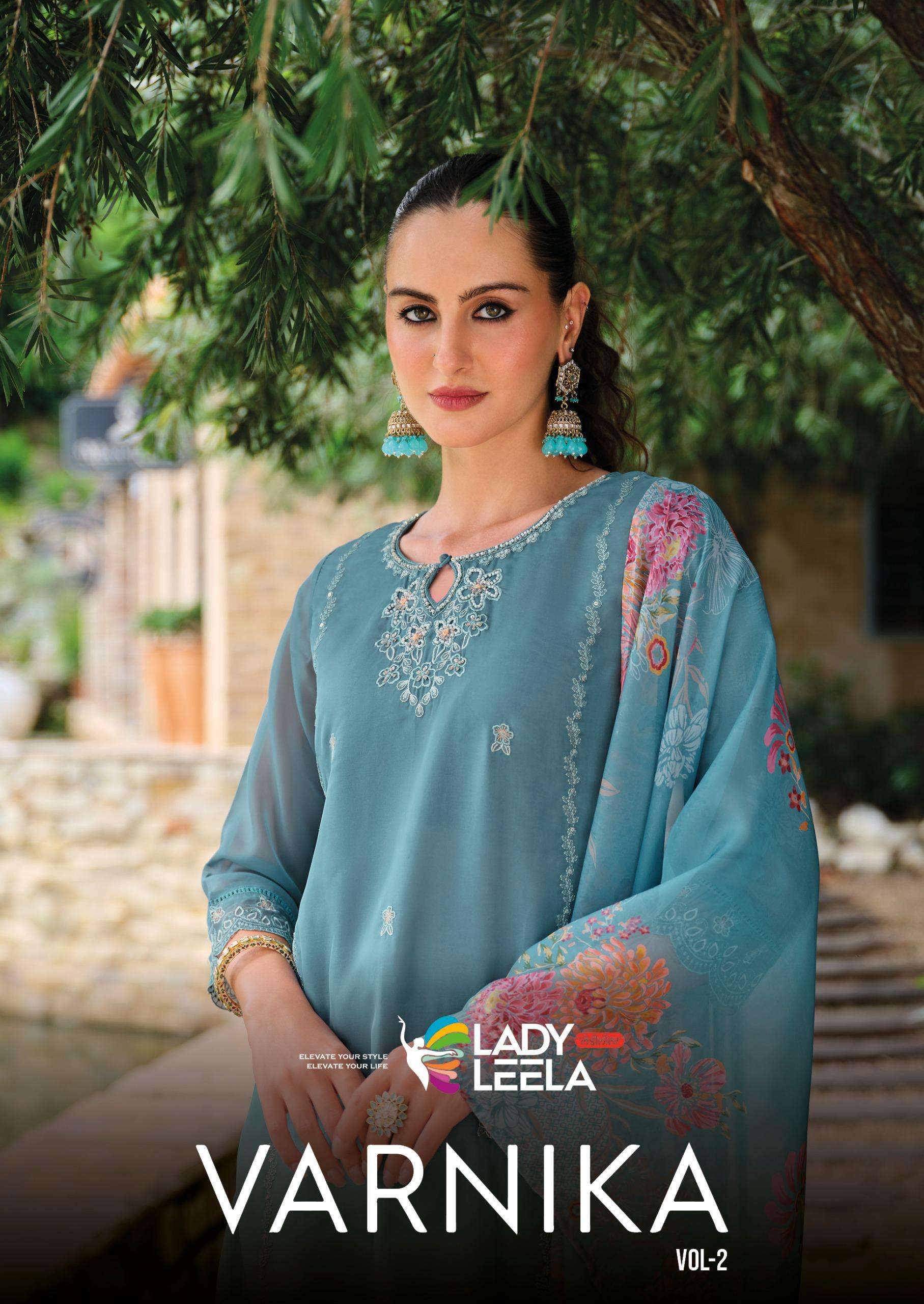 varnika vol-2 by lady leela best designer party wear organza with embroidered stitched suit supplier 