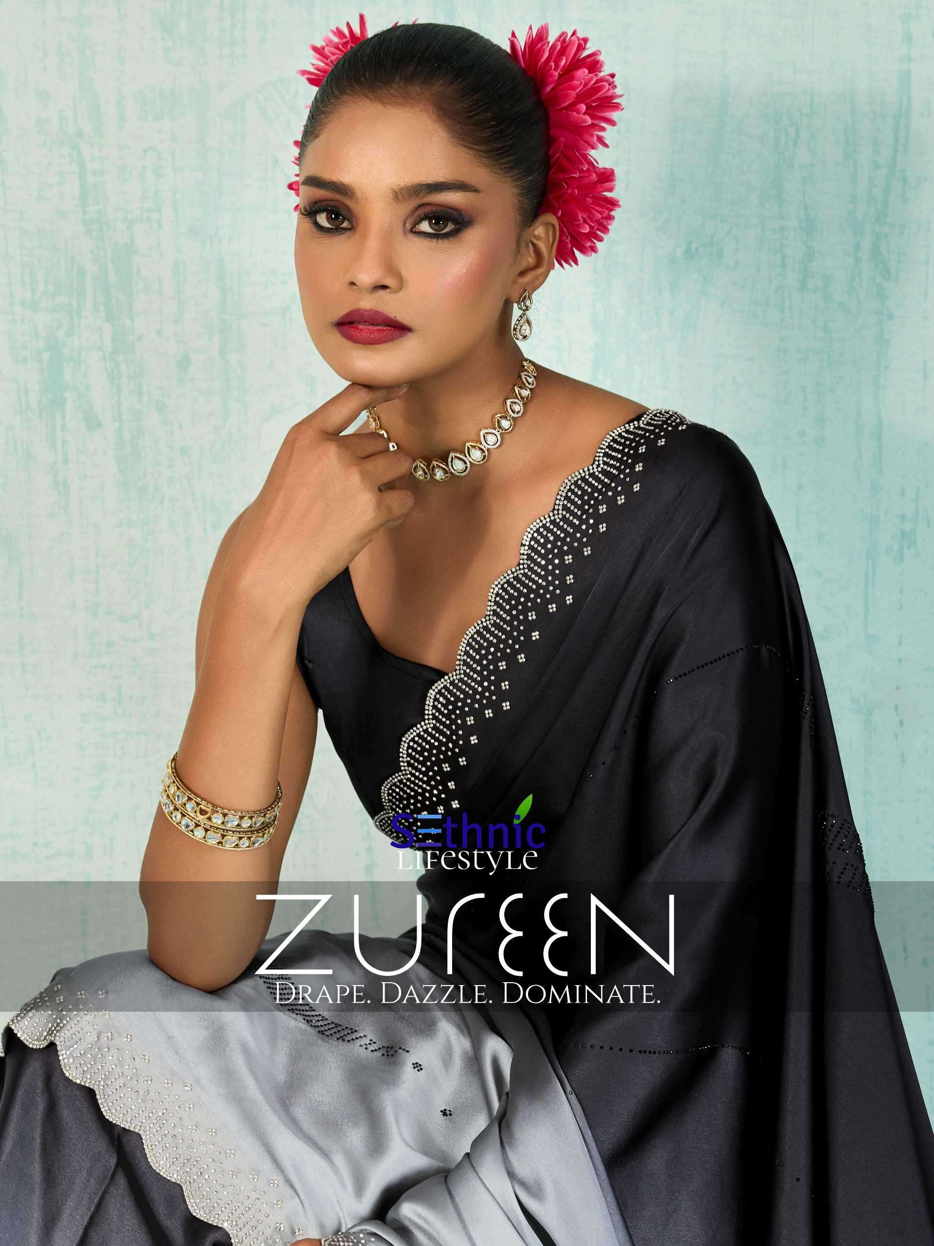 zureen by srthnic lifestyle exclusive designer fancy embroidered party wear saree supplier 