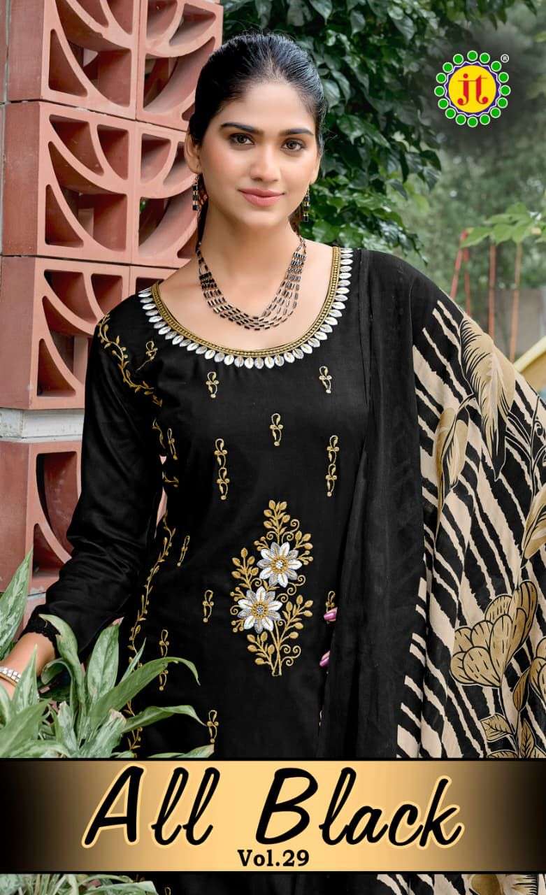all black vol-29 by jamatmal 29001-29005 series fancy embroidered rayon suit wholesaler surat