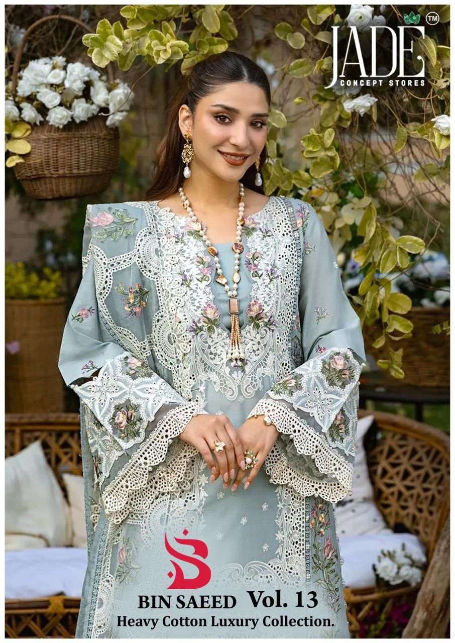 bin saeed vol-13 by jade 1301-1306 series designer cotton readymade pakistani suit wholesaler surat