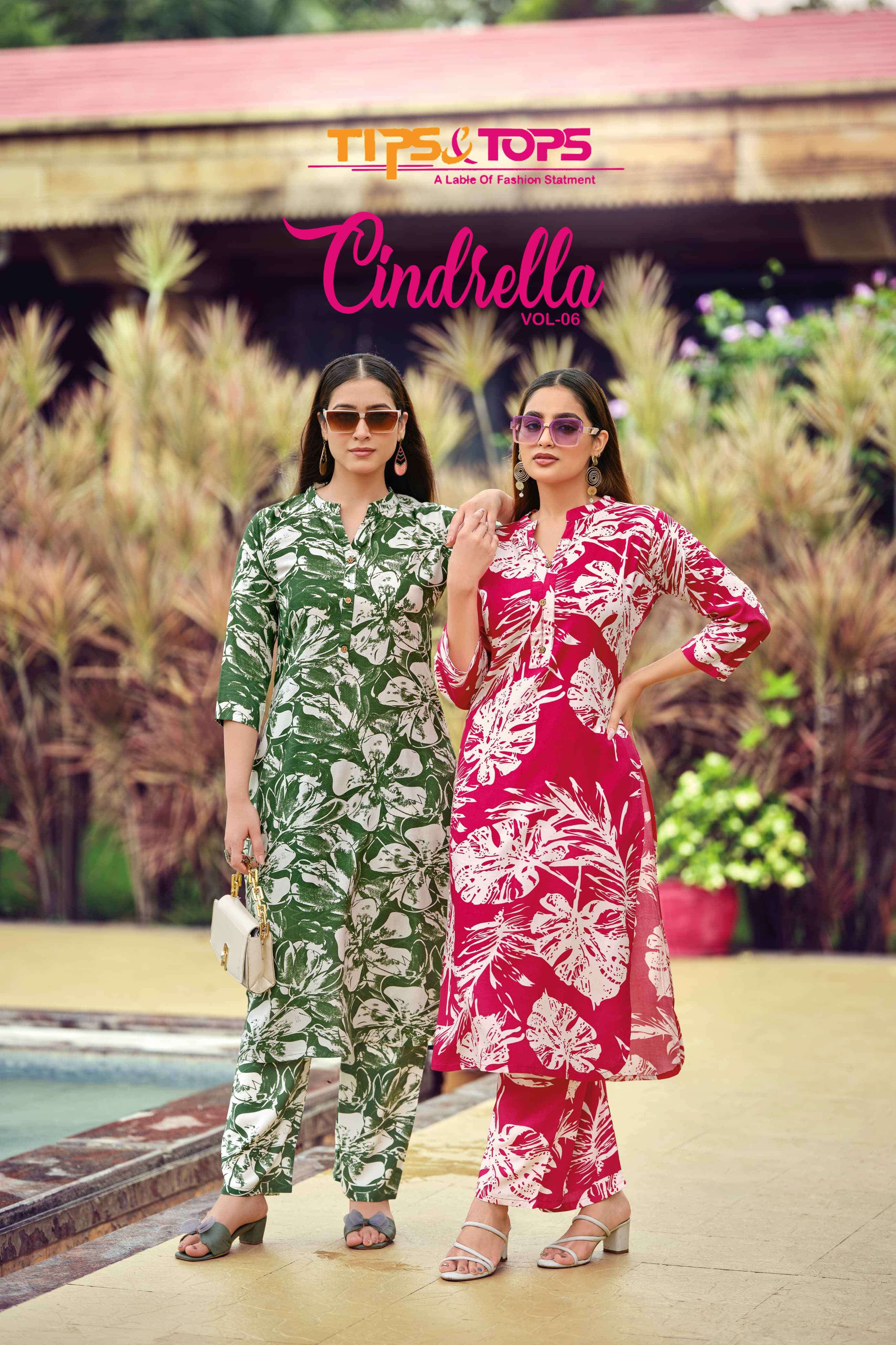 cinderella vol-6 by tips&tops 1001-1006 series casual wear rayon printed readymade cord set supplier 