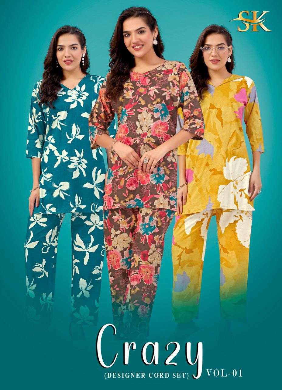 crazy vol-1 by sk 1001-1010 series casual wear cotton printed readymade cord set supplier 