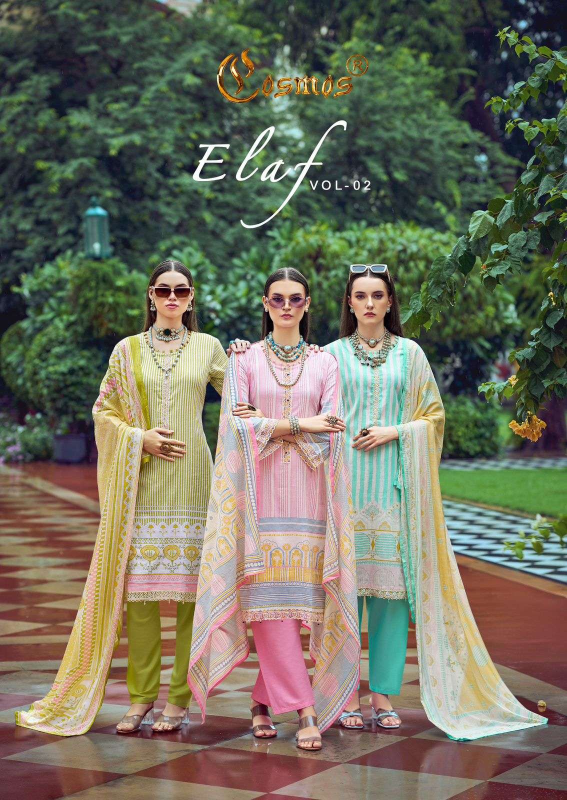 elaf vol-2 by cosmos 201-206 series lawn cotton salwar kameez wholesaler surat