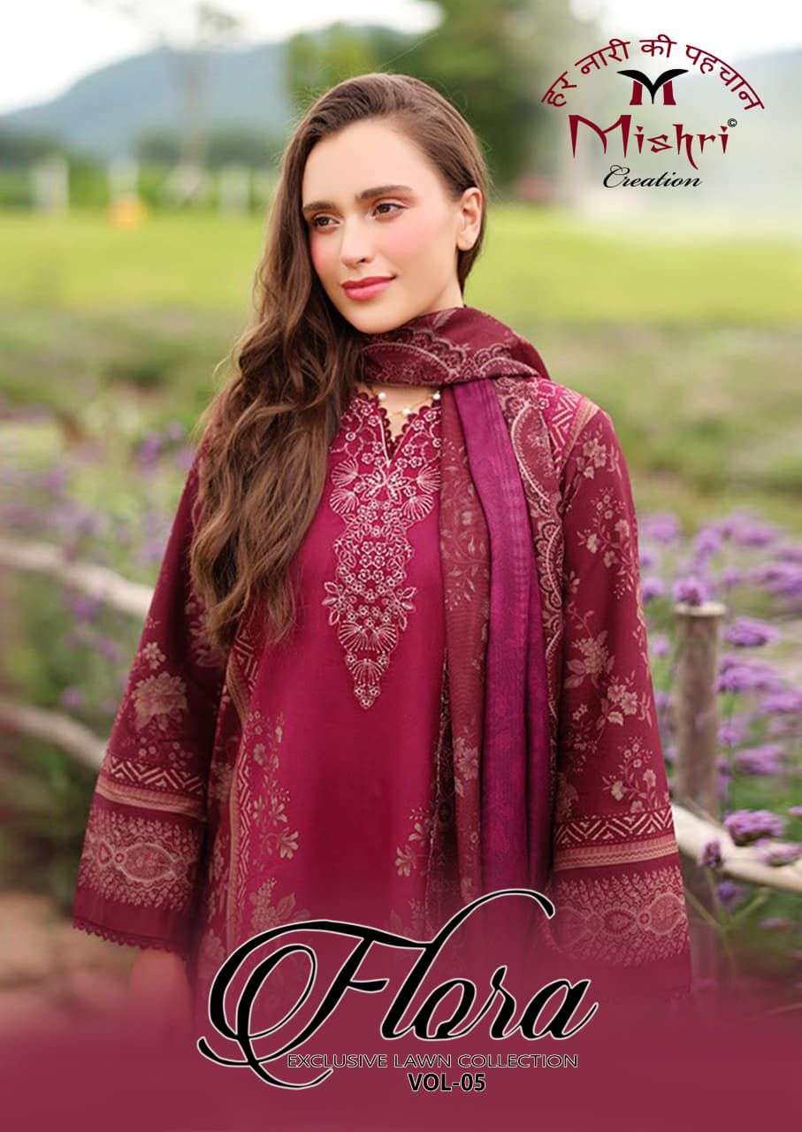 flora vol-5 by mishri latest designer lawn cotton pakistani suit wholesale price surat