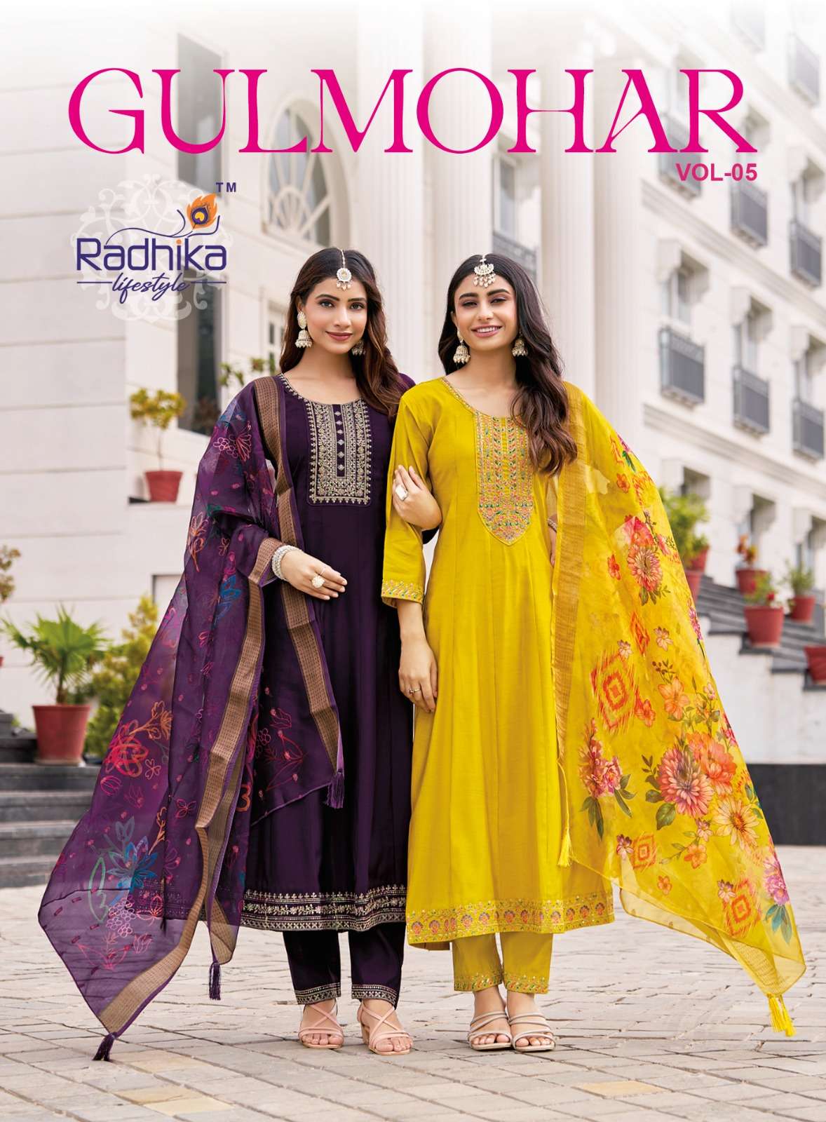 gulmohar vol-5 by radhika lifestyle 5001-5006 series roman silk anarkali gown wholesaler surat