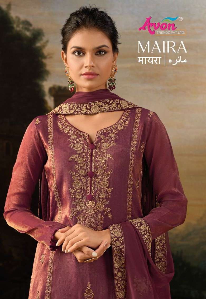 maira by avon 2100-2103 series simmer silk with fancy embroidered salwar kameez wholesaler surat