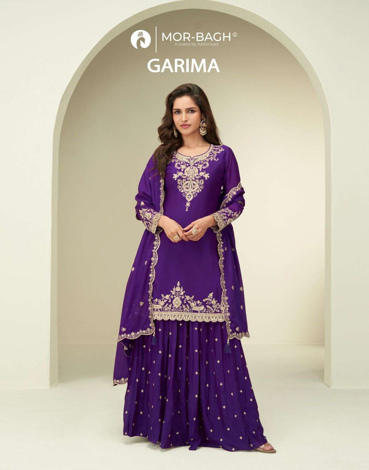 mor bagh garima by aashirwad creation 10368-10370 series chinon silk plazo suit wholesale price surat