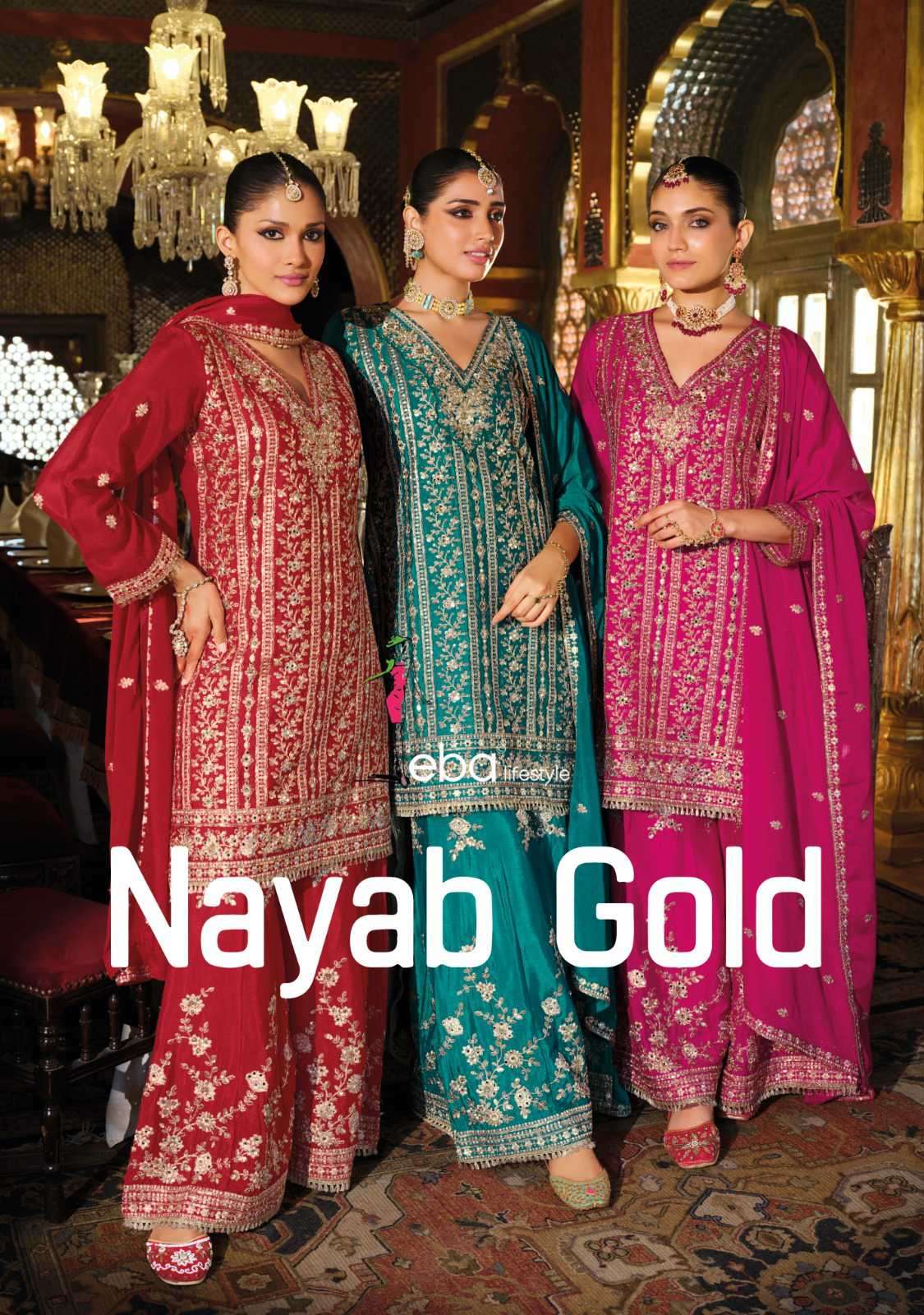 nayab gold by eba lifestyle 1930-1932 series exclusive designer party wear readymade plazo suit supplier 