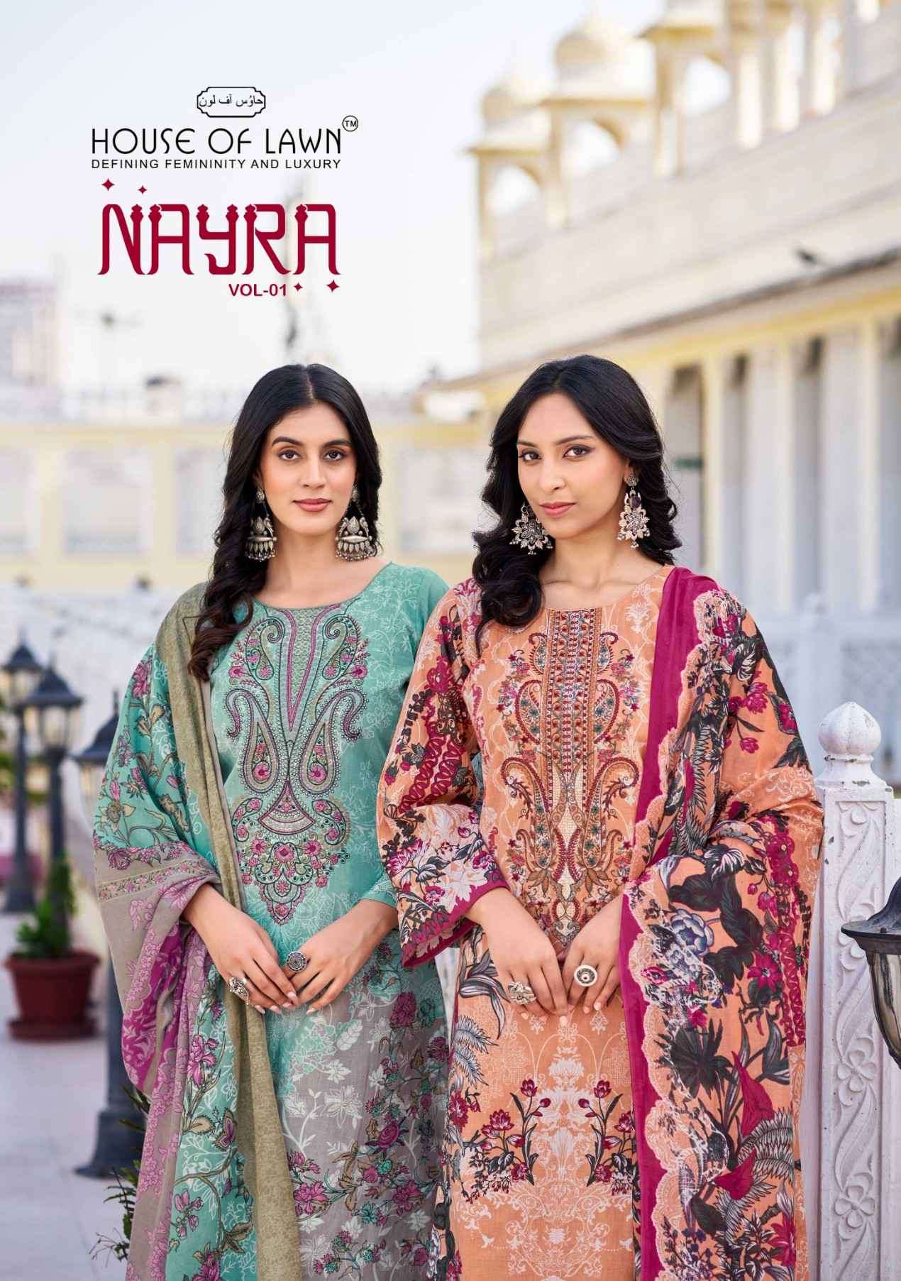 nayra vol-1 by house of lawn 1001-1008 series exclusive designer cotton with printed salwar kameez wholesaler surat
