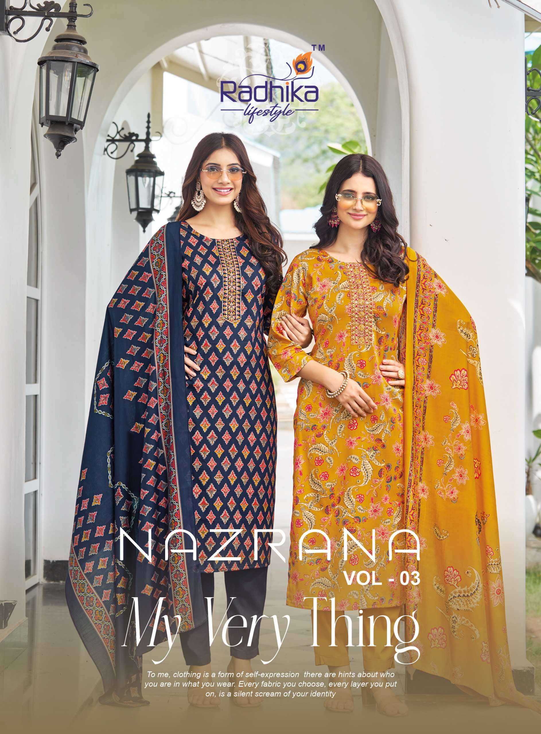 nazrana vol-3 by radhika lifestyle fancy embroidered discharge printed readymade suit wholesaler surat