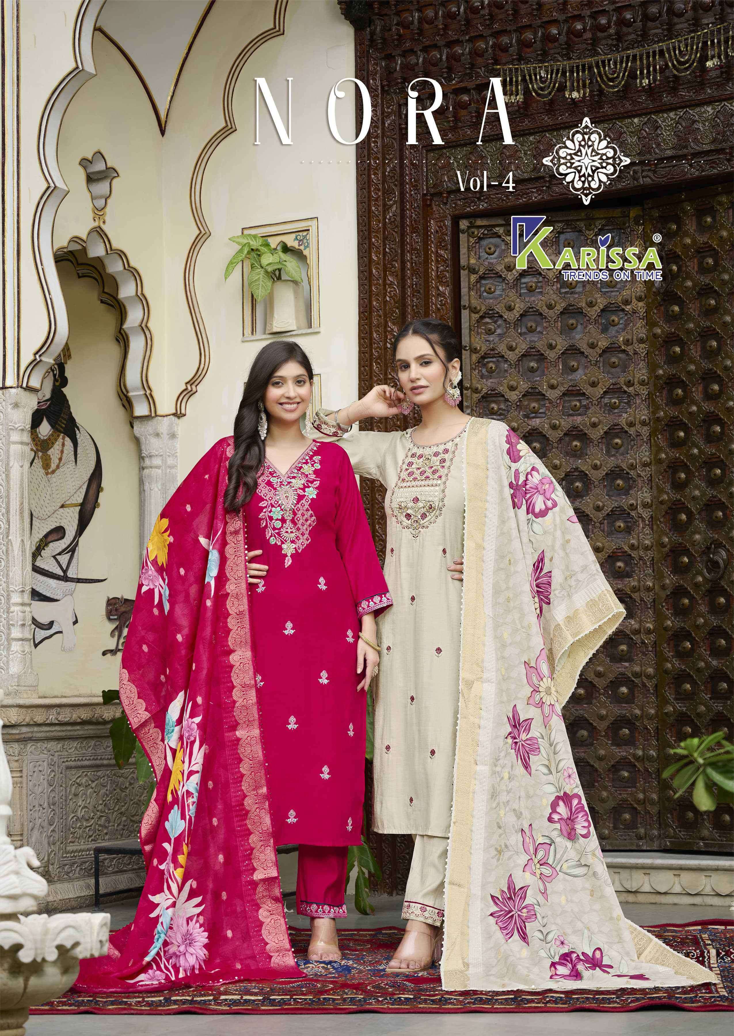 nora vol-4 by karissa 4001-4006 series exclusive designer festival wear readymade suit supplier 