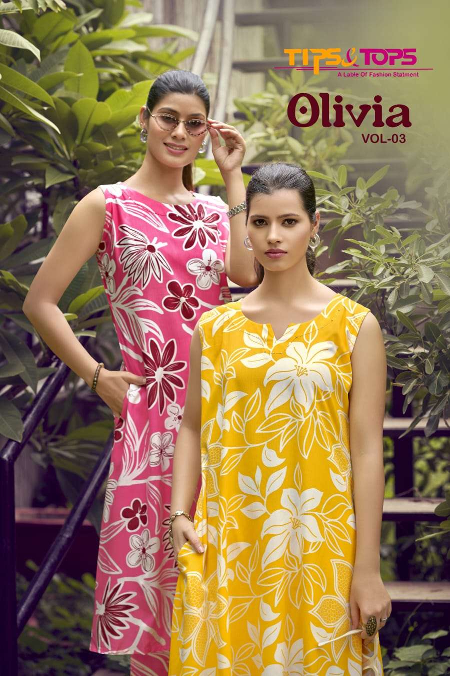 olivia vol-3 by tips&top 1001-1006 series rayon fancy printed readymade cord set wholesaler surat