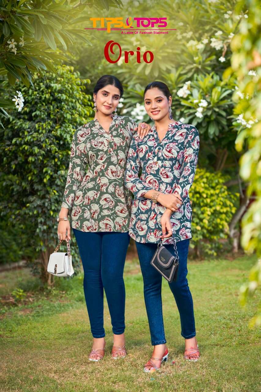 orio by tips&tops 1001-1006 series fancy printed rayon short top wholesaler surat