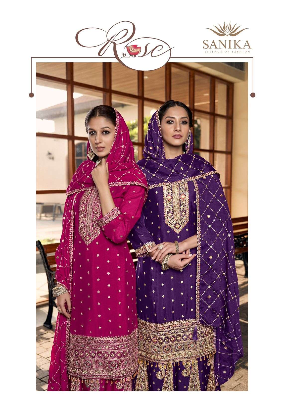 rose by sanika fashion 10015-10016 series fancy embroidered chinon silk suit wholesaler surat