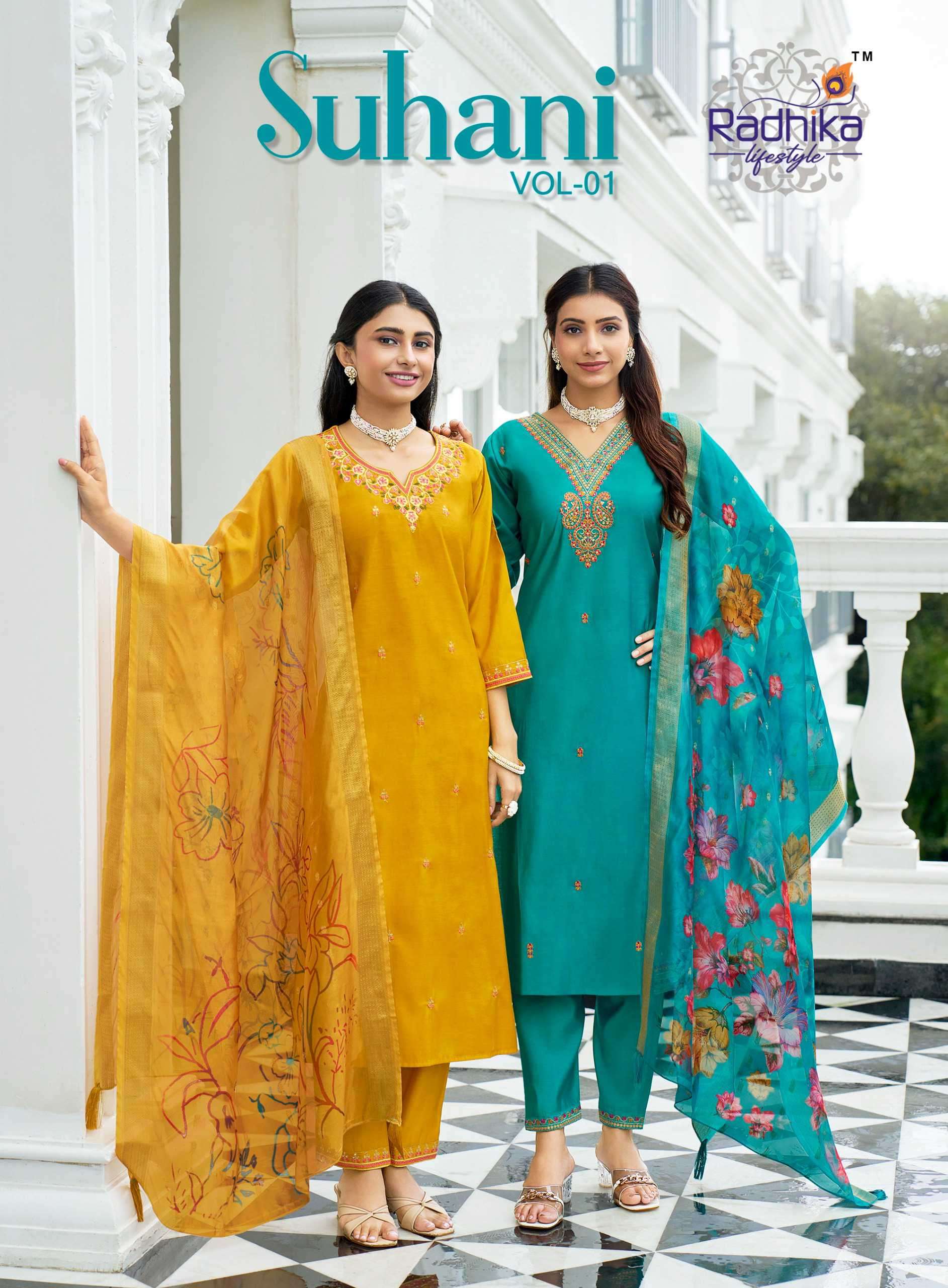 suhani vol-1 by radhika lifestlye 1001-1006 series embroidered roman silk readymade kurti wholesale price surat