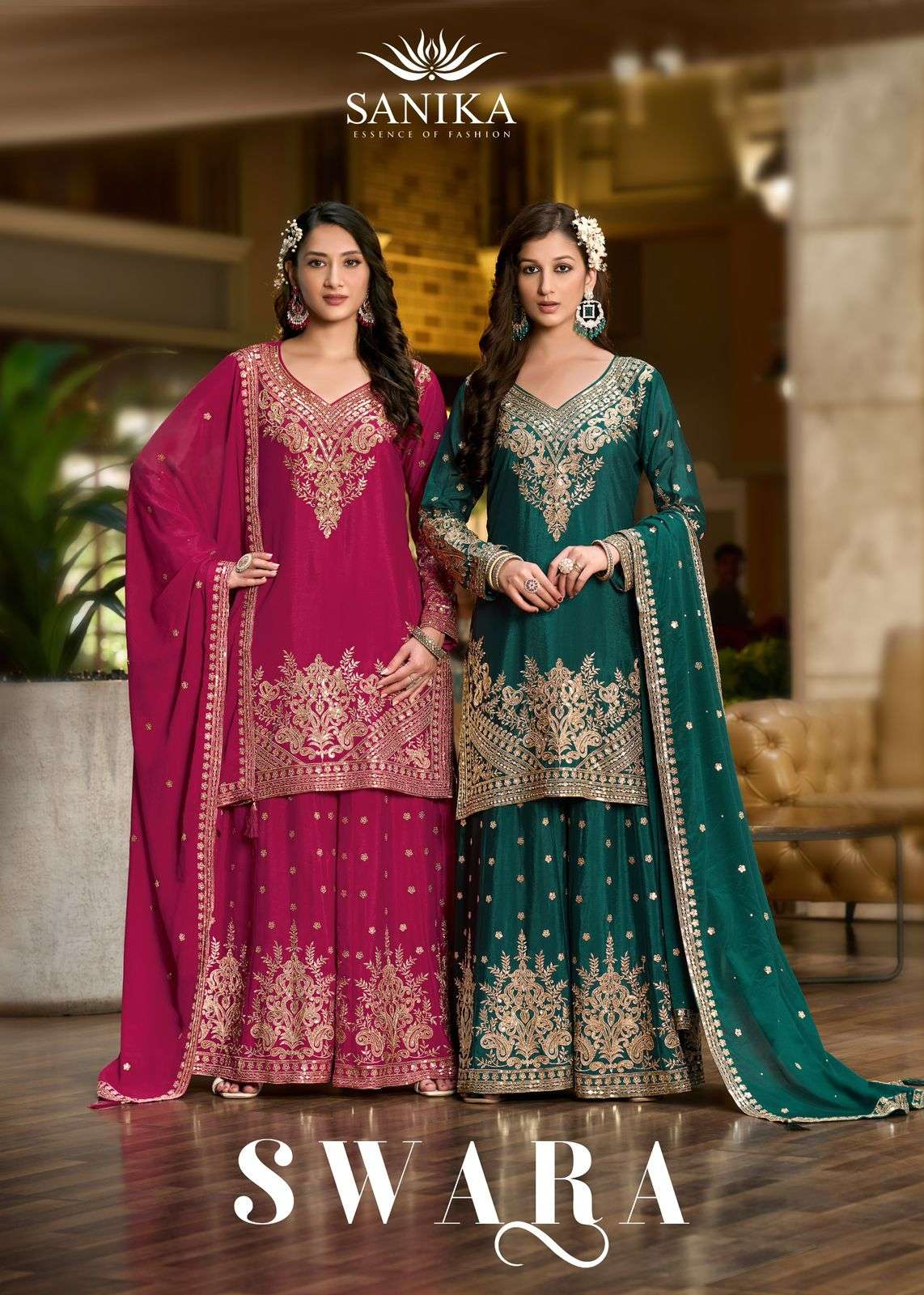 swara by sanika fashion exclusive designer hevay embroidered chinon silk readymade plaza suit wholesale surat