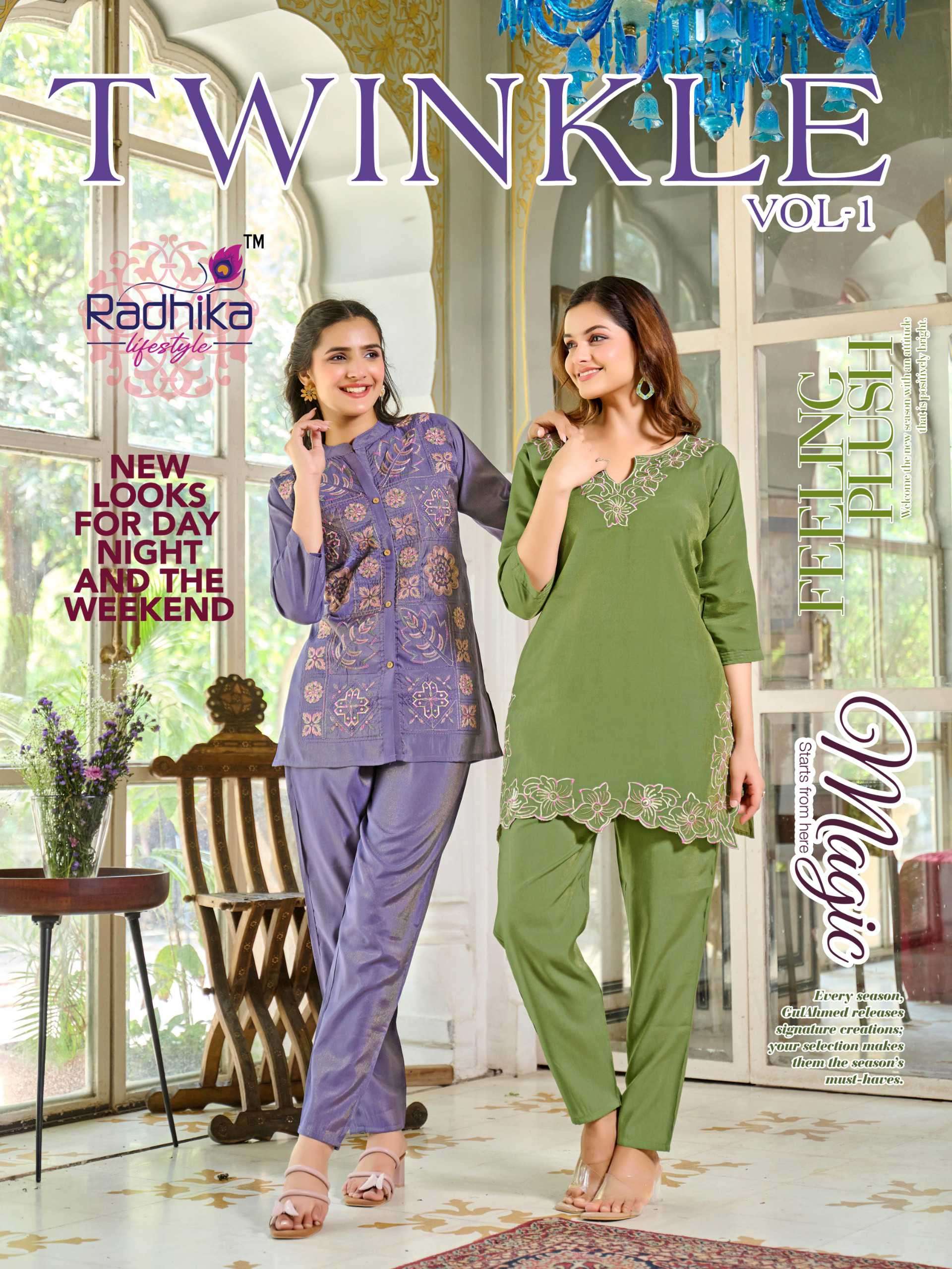 twinkle vol-1 by radhika lifestyle 1001-1004 series readymade cord set wholesaler surat