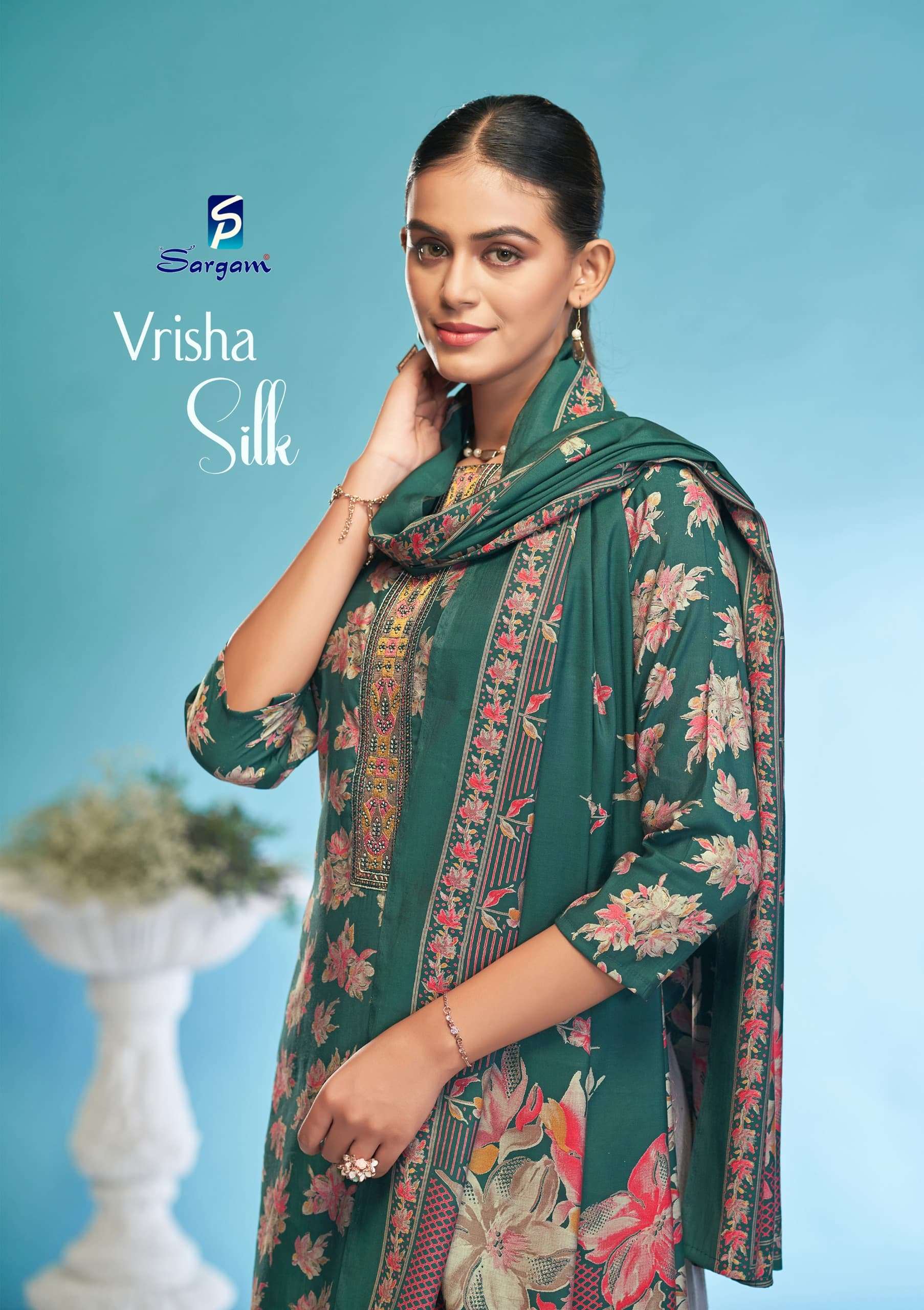 vrisha silk bysargam print latest designer embroidered modal muslin suit supplier 