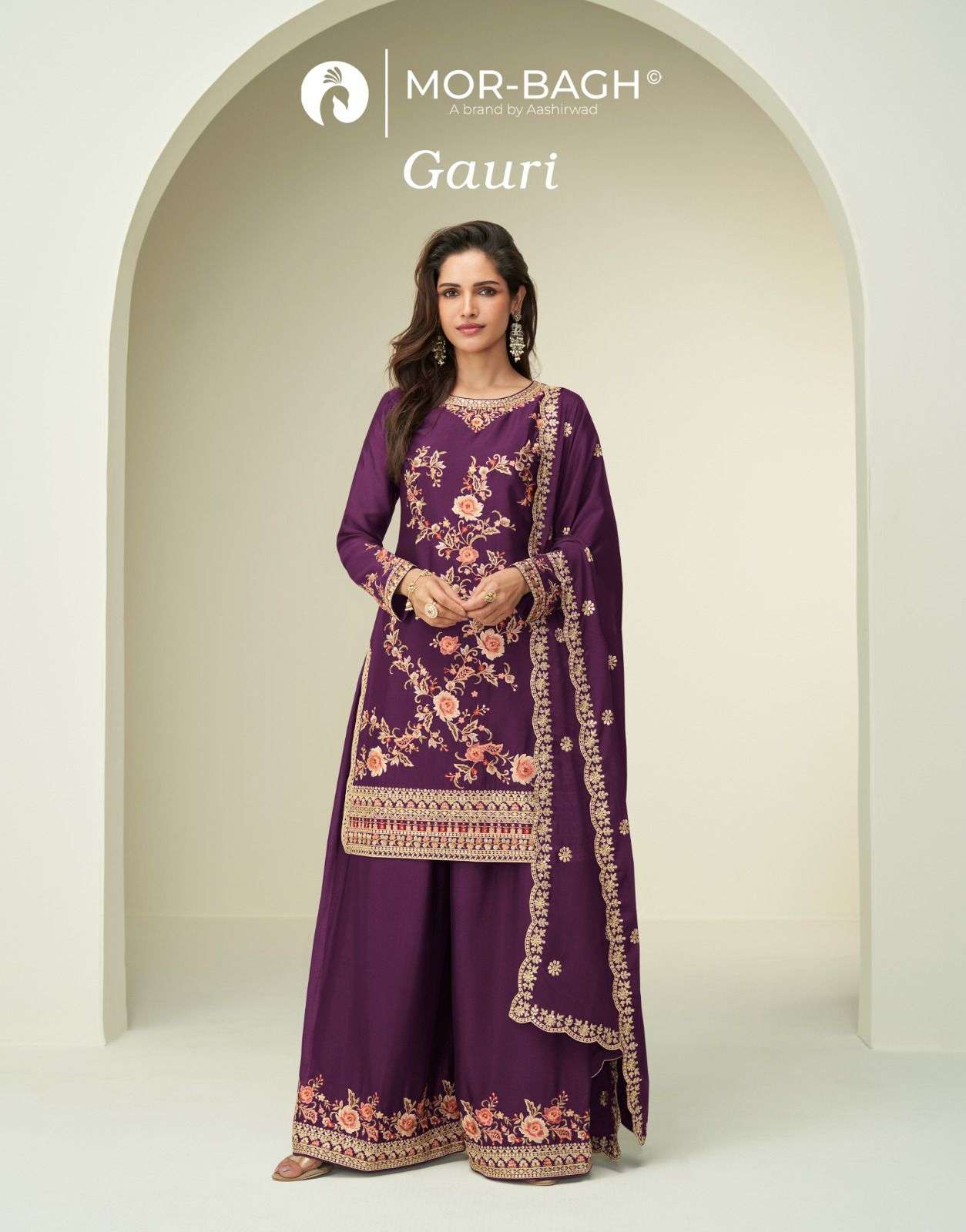 aashirwad creation gauri 10380-10383 series chinon silk readymade plazo suit wholesale price surat