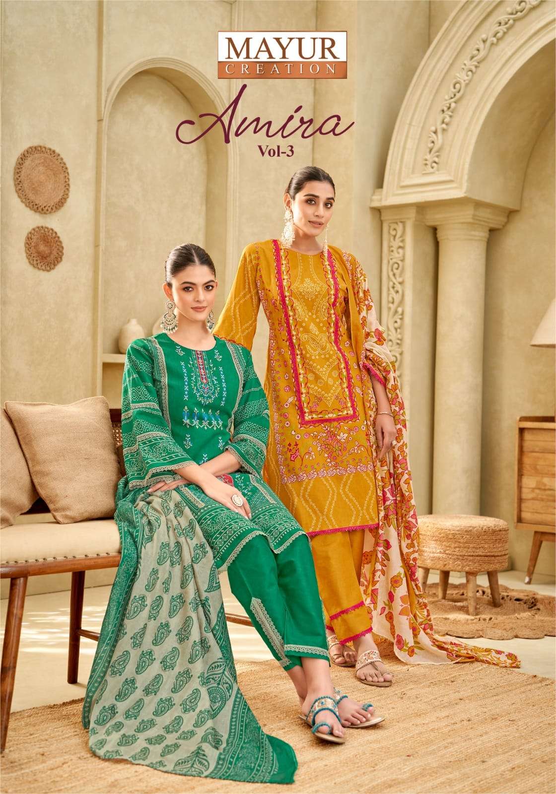 amira vol-3 by mayur creation 3001-3008 series cotton pakistani printed suit wholesale price surat