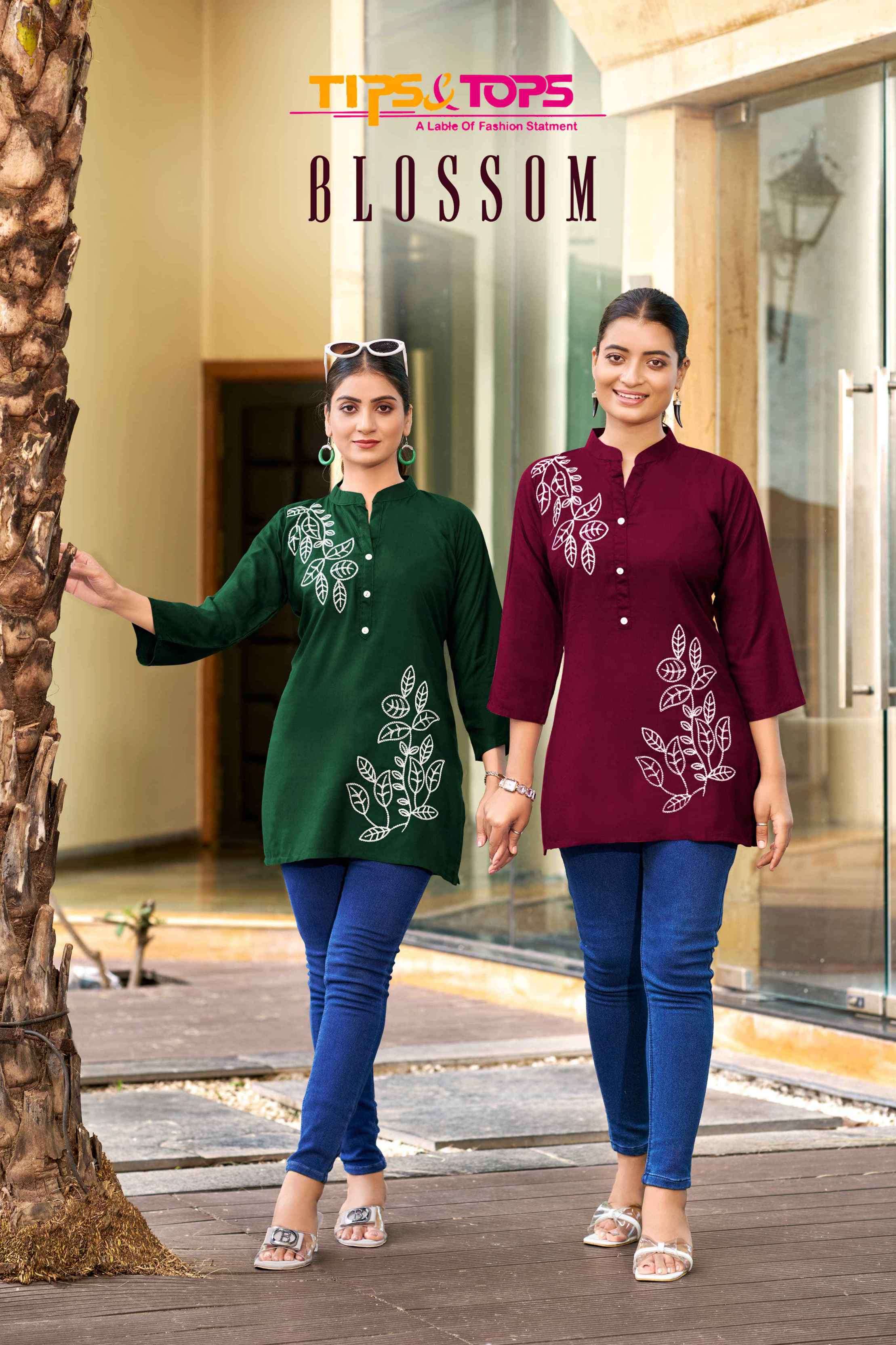 blossom by tips&tops 1001-1006 series rayon readymade short top wholesale price surat