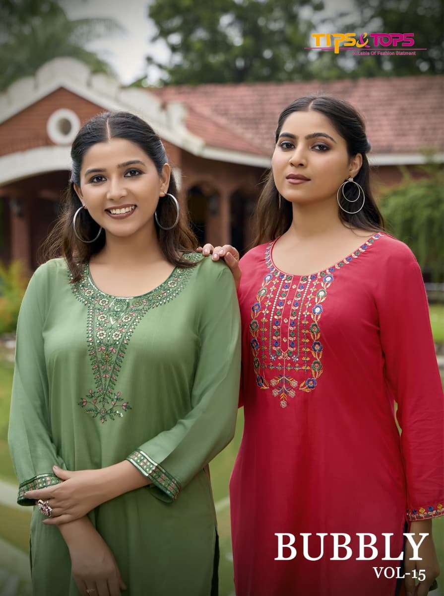 bubbly vol-15by tips&tops 1001-1009 series rayon embroidered readymade short top wholesale price surat