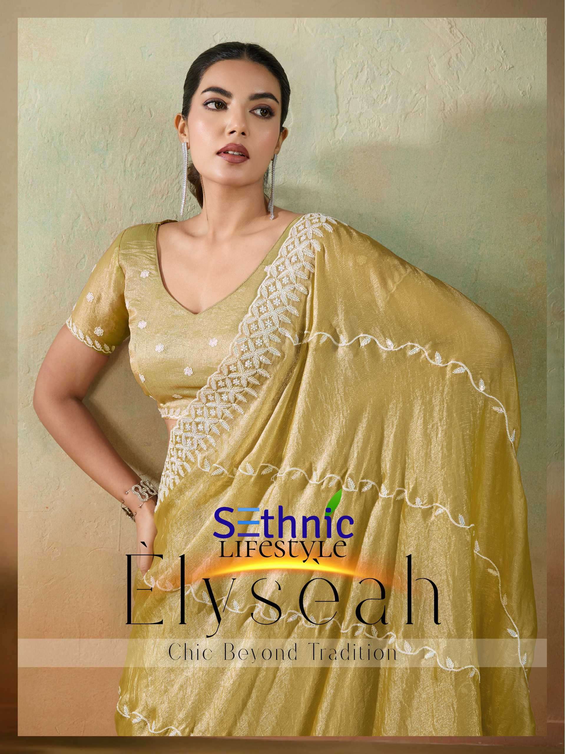 elyseah by sethnic lifestyle 102001-102004 series fancy embroidered chiffon saree wholesale price surat