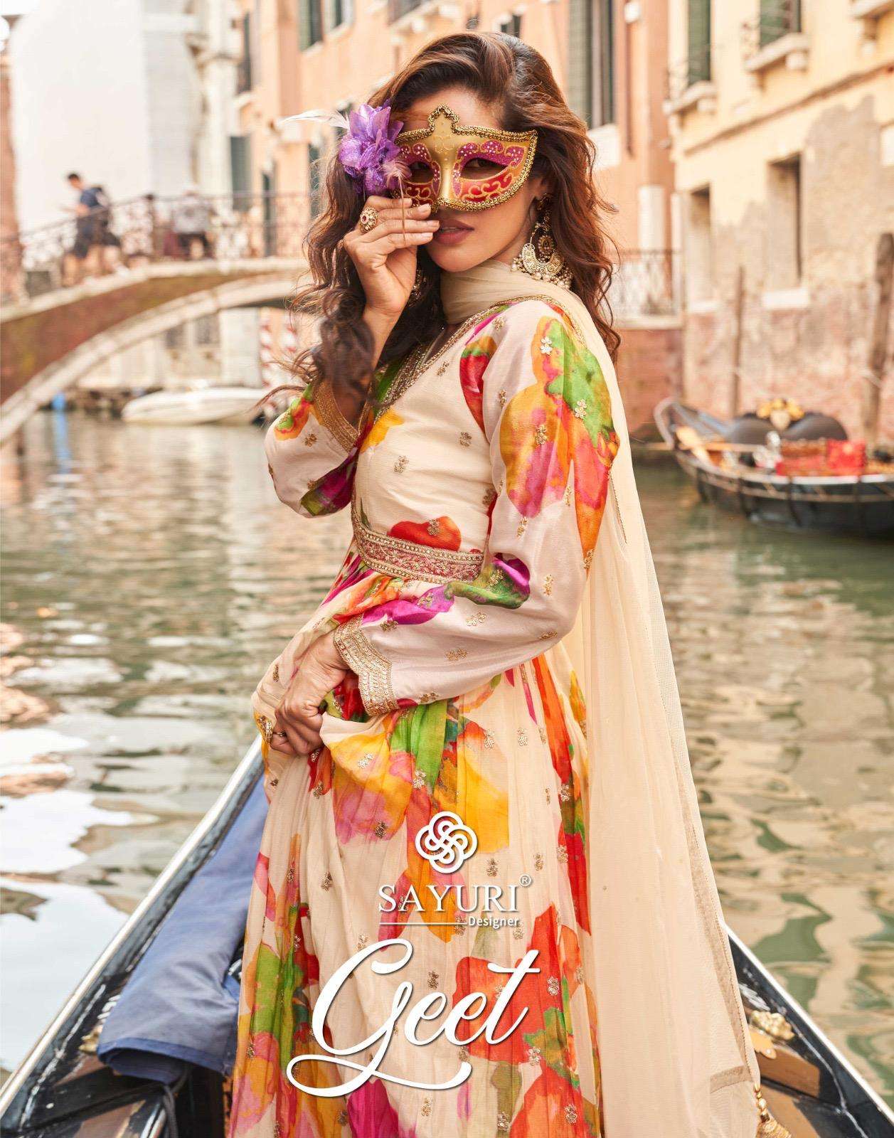 geet by sayuri designer 10074-10076 series chinon silk embroidered readymade salwar kameez wholesale price surat