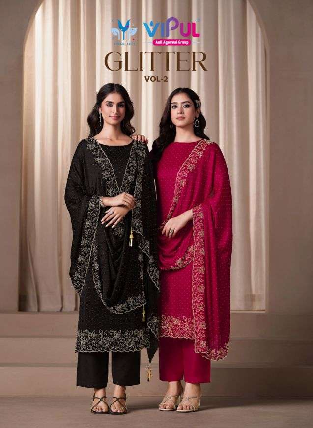 glitter vol-2 by vipul fashion 6531-6536 series fancy beads work with jaekan chiffon suit wholesale price surat