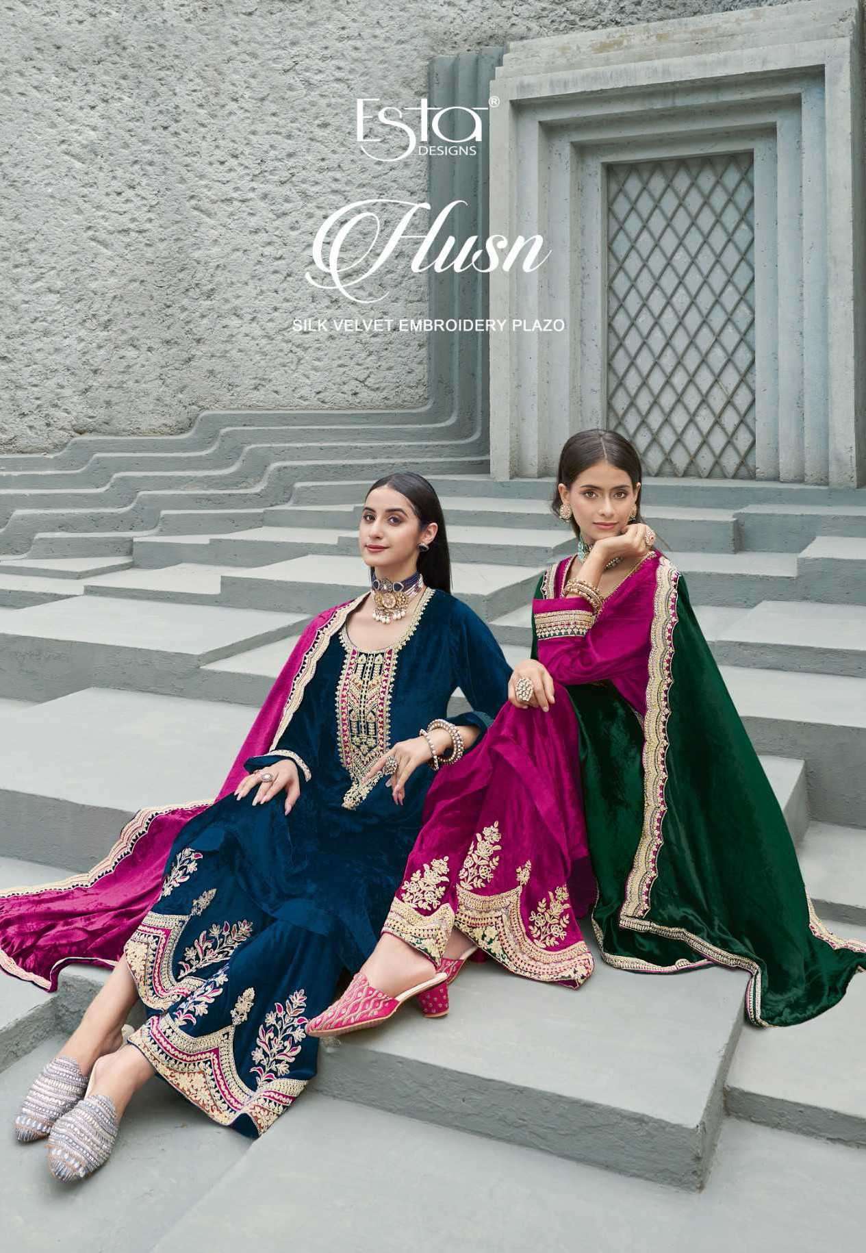 husn by esta 101-106 series exclusive designer embroidered velvet salwar kameez wholesale price surat