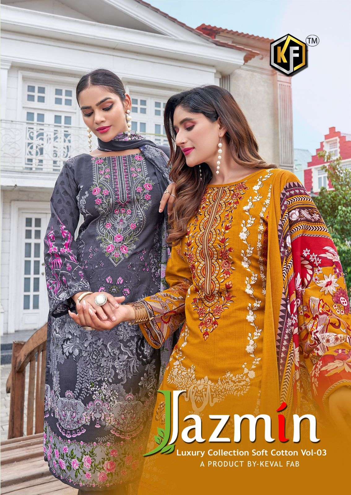 jazmin vol-3 by keval fab 3001-3006 series heavy self embroidered cotton pakistani suit wholesale price surat