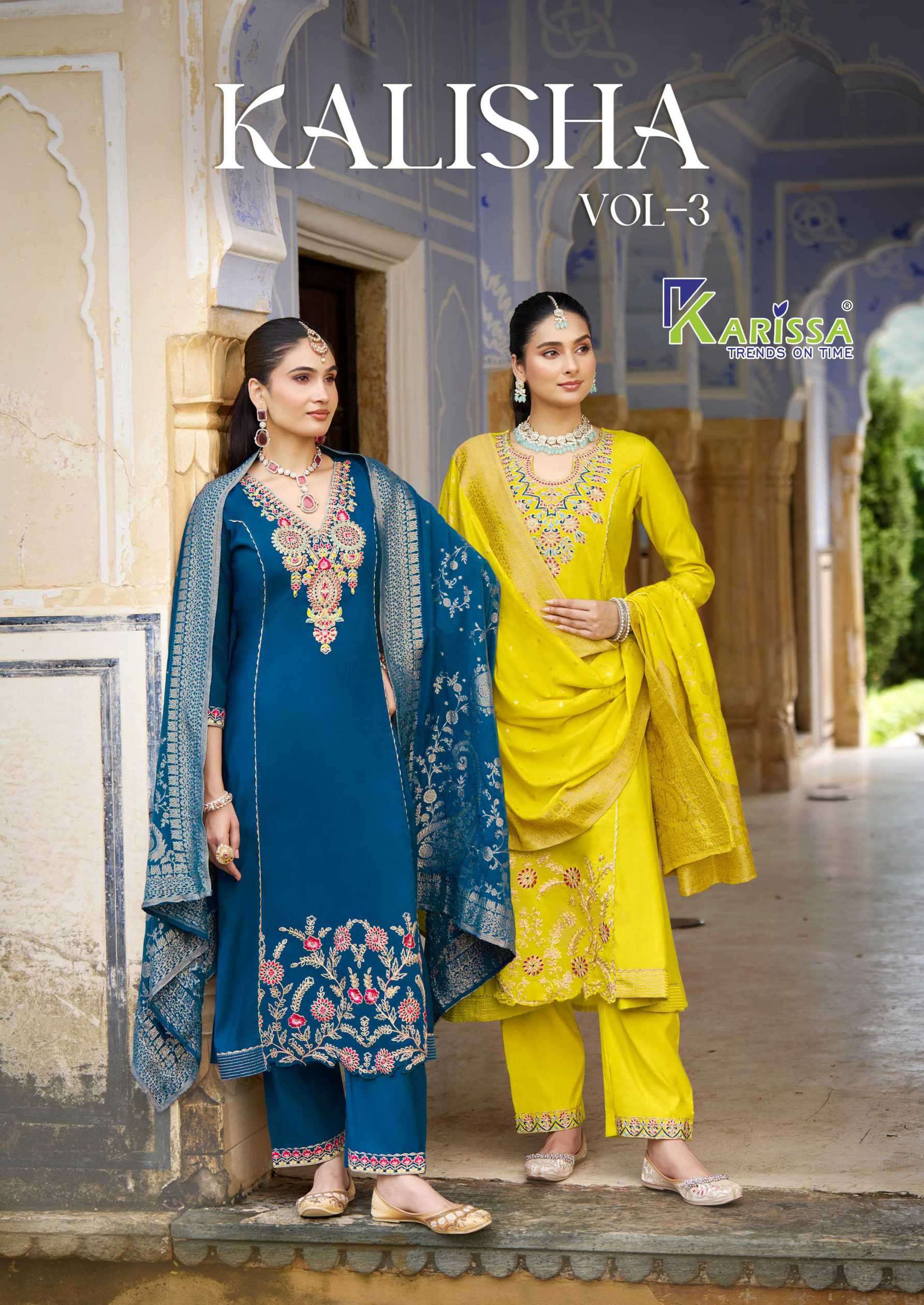 kalisha vol-3 by karissa 3001-3004 series roman silk designer readymade salwar kameez wholesale price surat
