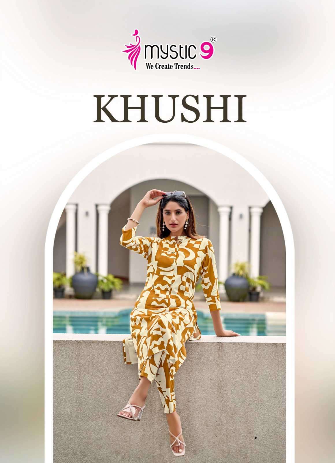 khushi vol-6 by mystic 9 6001-6010 series latest designer viscose printed readymade cord set wholesale price surat
