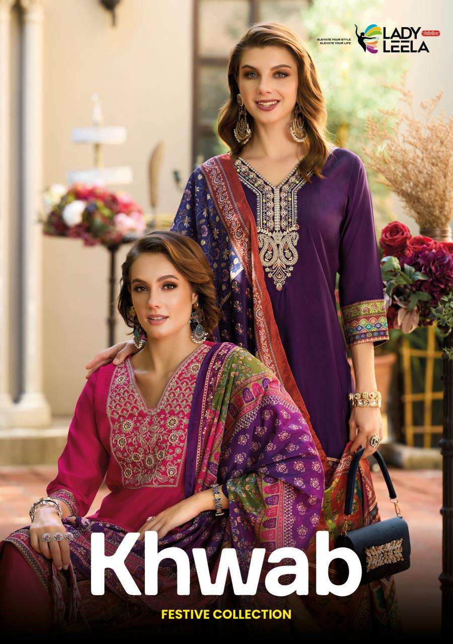 khwab by lady leela 31191-31194 series fancy handwork with embroidered viscose silk suit wholesale price surat