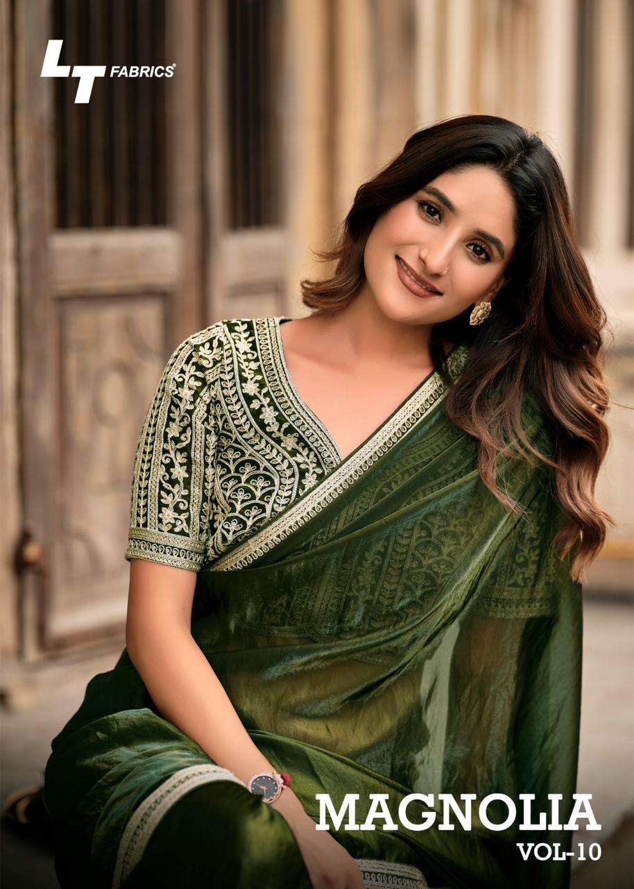 magnolia vol-10 by lt fashion 1001-1006 series fancy embroidered malai silk saree supplier surat