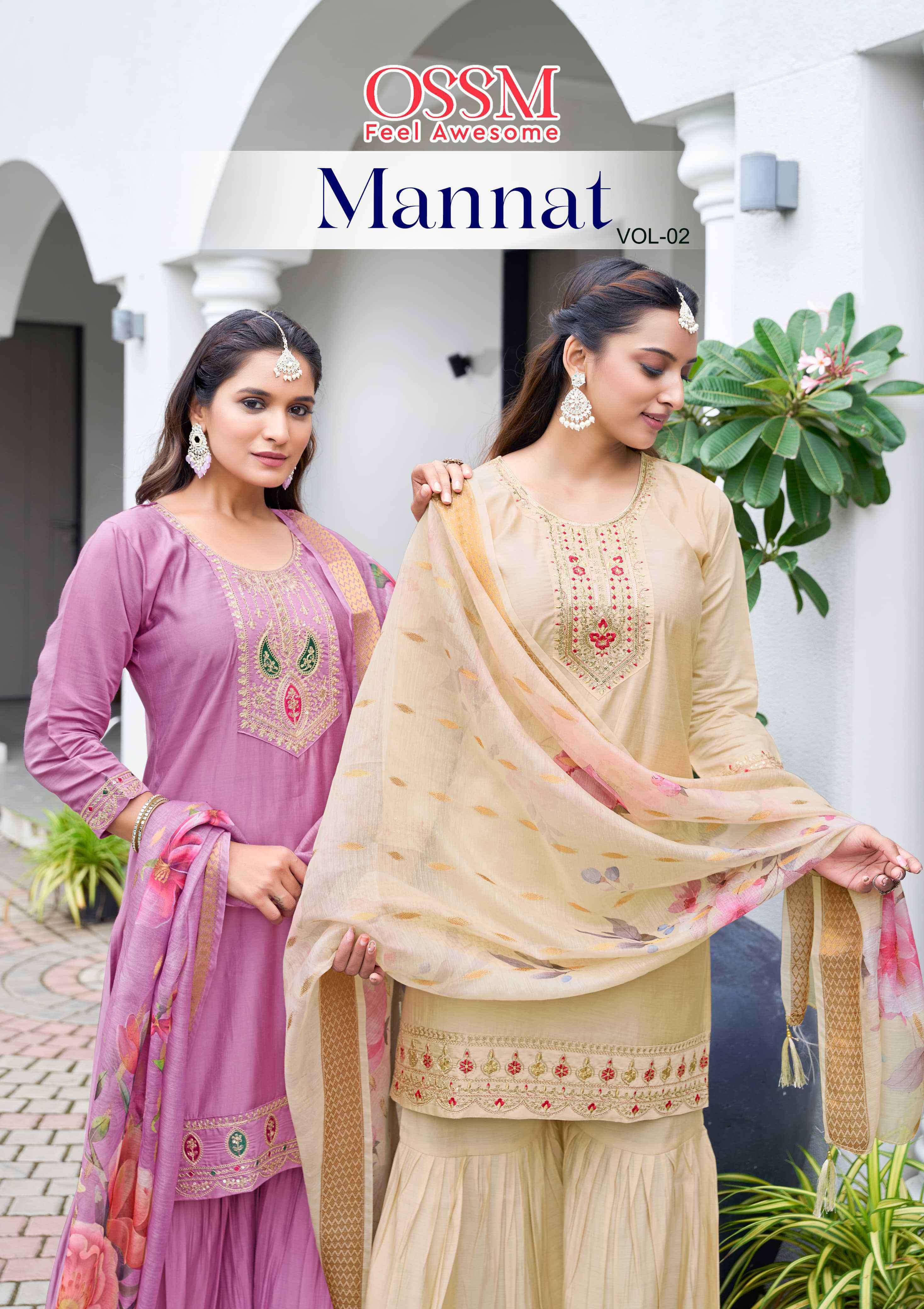 mannat vol-2 by ossm 2001-2006 series heavy embroidered roman silk sarara suit wholesale price surat