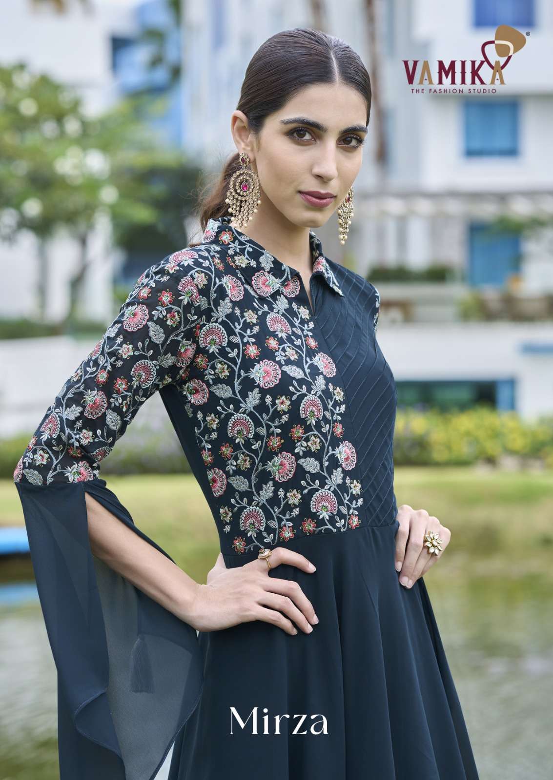 mirza by vamika 5501-5504 series fancy embroidered georgette readymade gown wholesale price surat