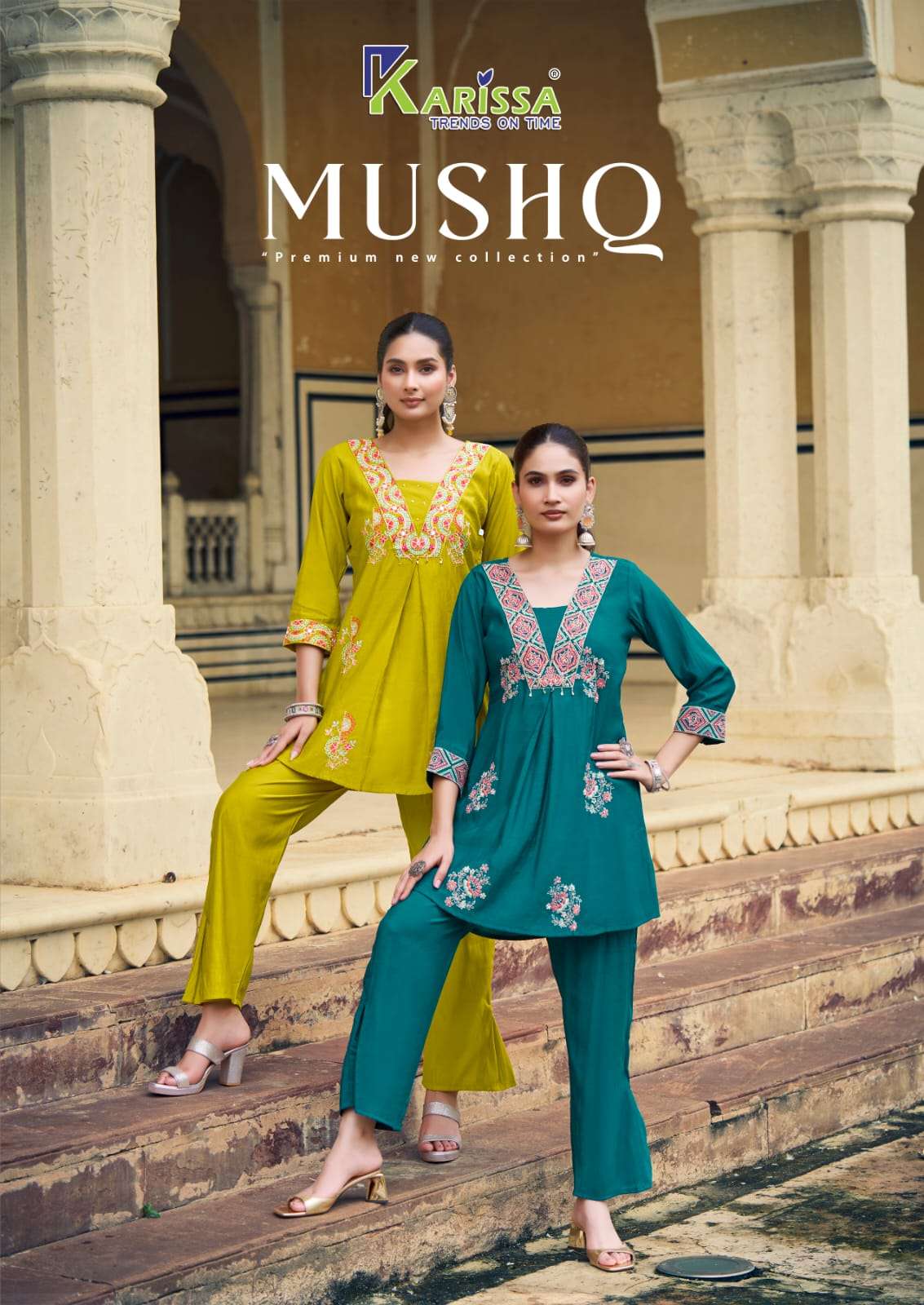 mushq by karissa 1001-1004 series viscose roman readymade cord set wholesale price surat