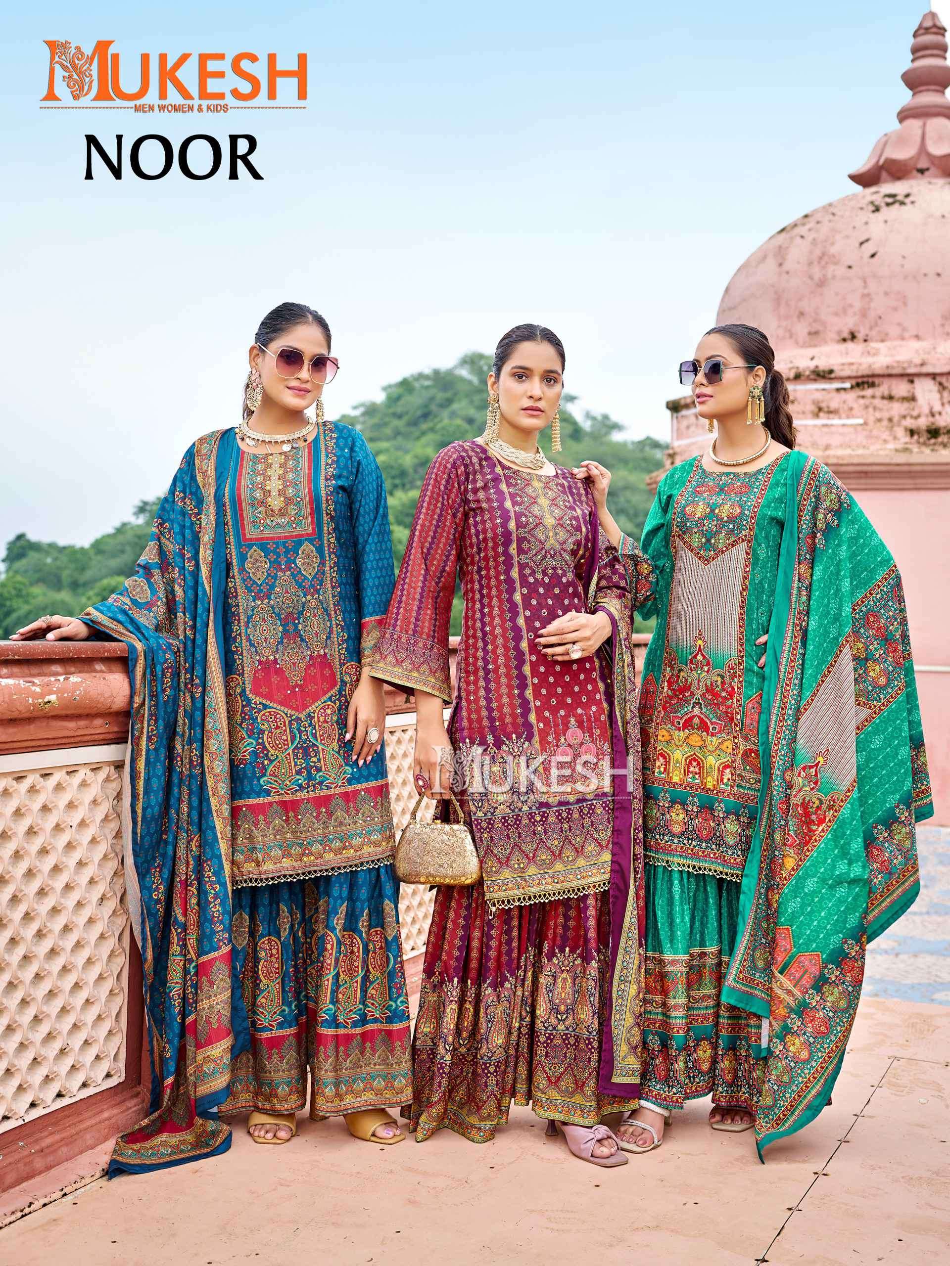 noor by mukesh 1001-1006 series latest designer crepe silk sarara suit wholesale price surat
