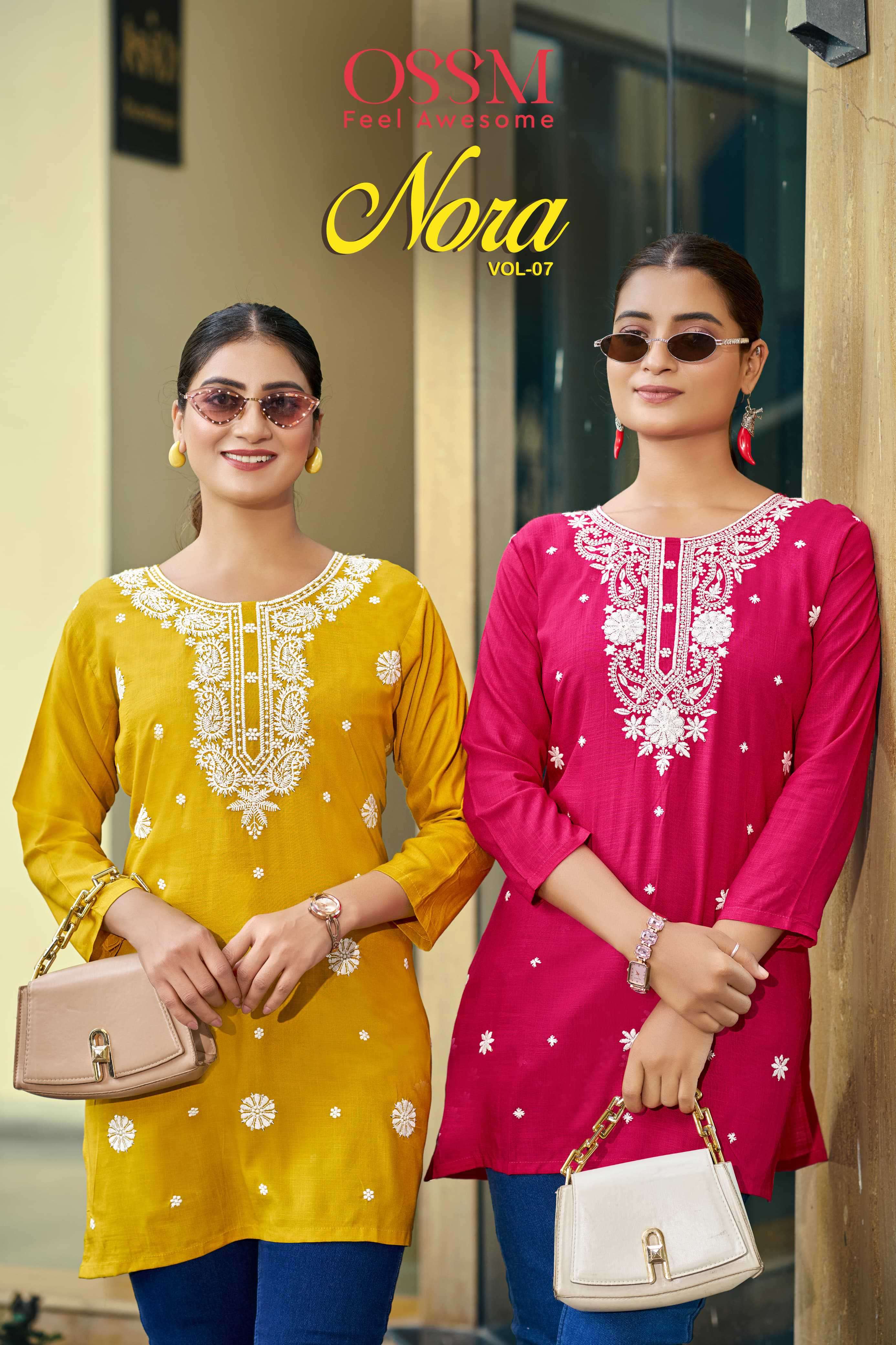 nora vol-7 by ossm 1001-1006 rayon cototn embroidered short top supplier surat