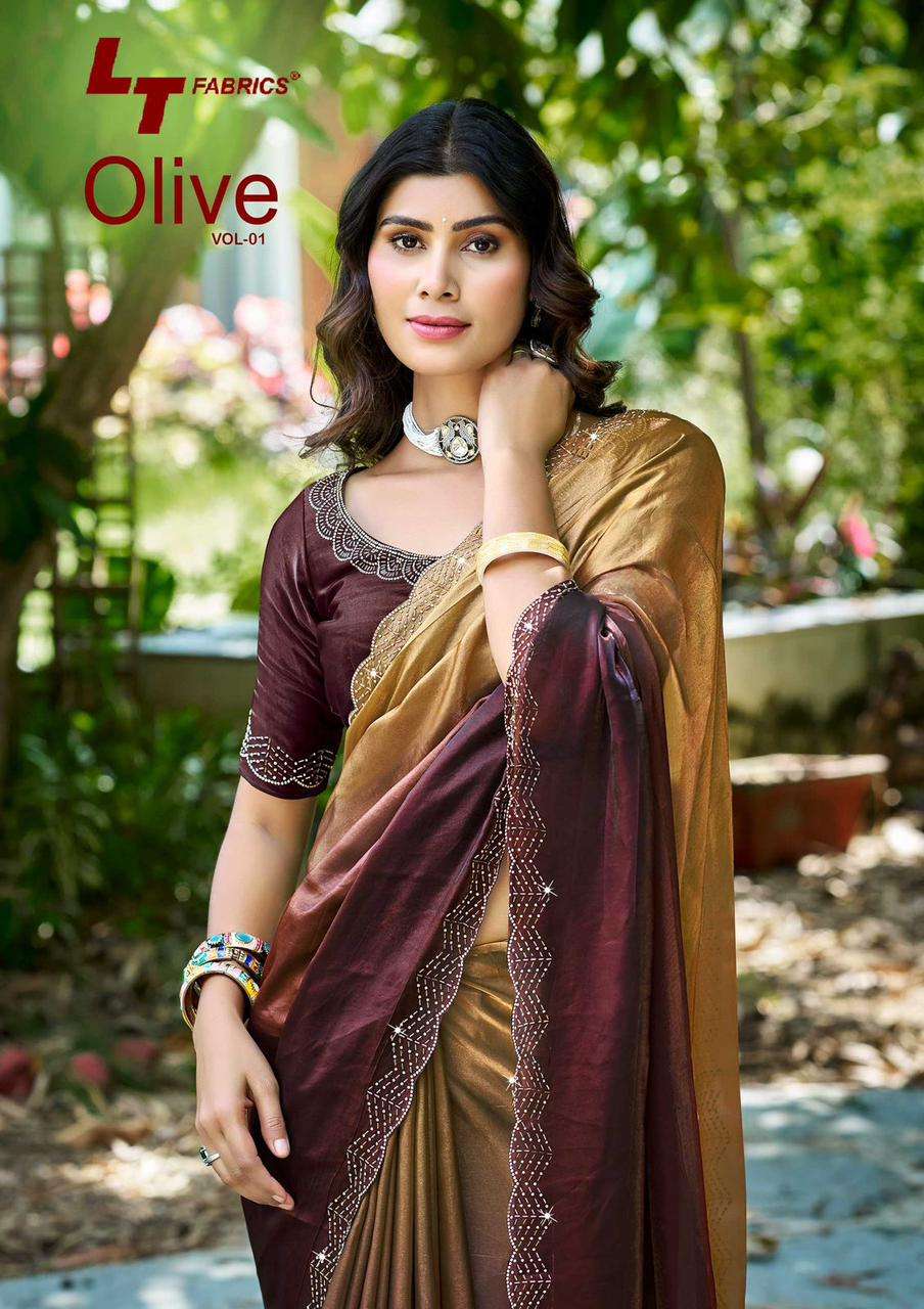 olive vol-1 by lt fashion 101-106 series fancy swarovski work malai silk saree wholesale price surat